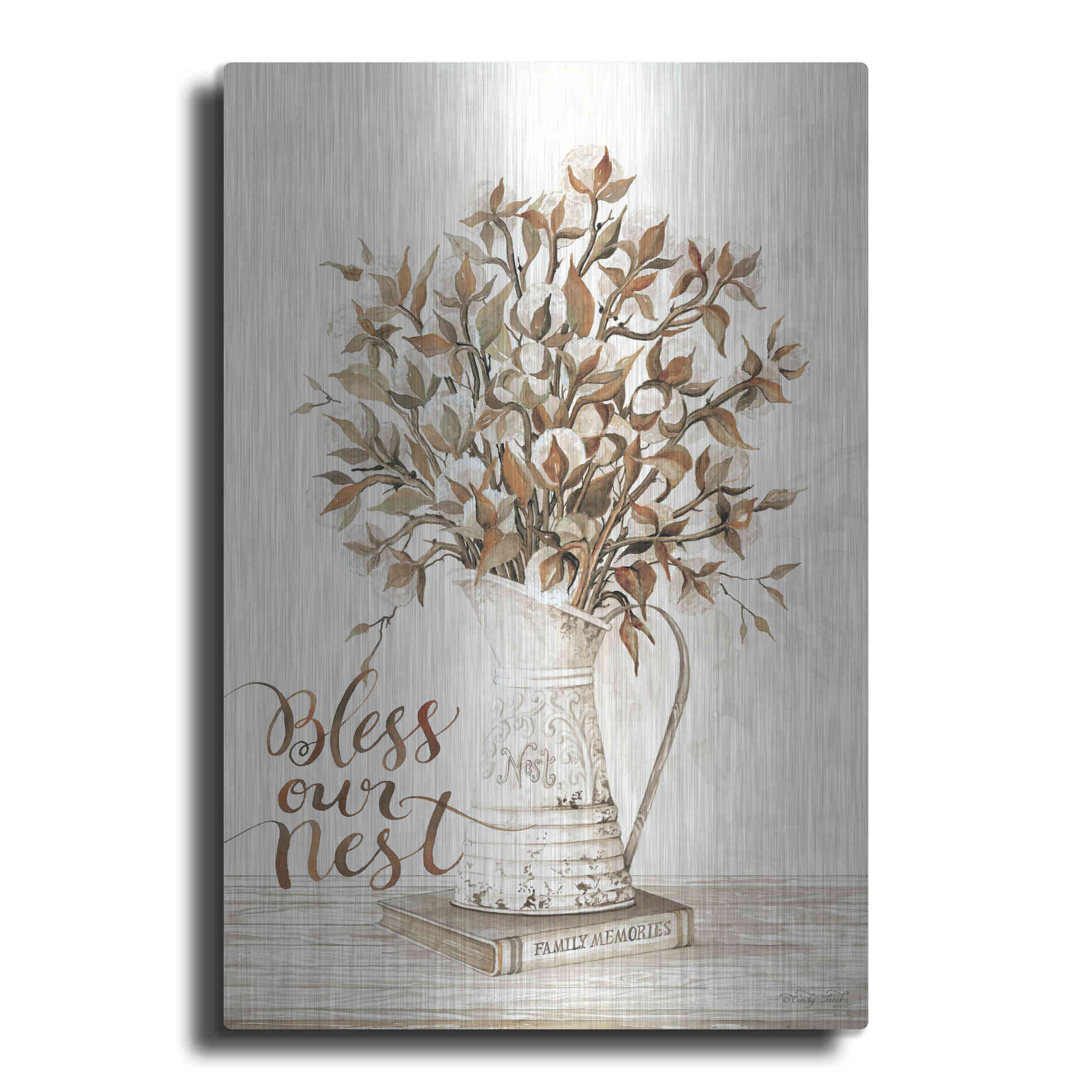 Luxe Metal Art 'Bless Our Nest Cotton Bouquet' by Cindy Jacobs, Metal Wall Art