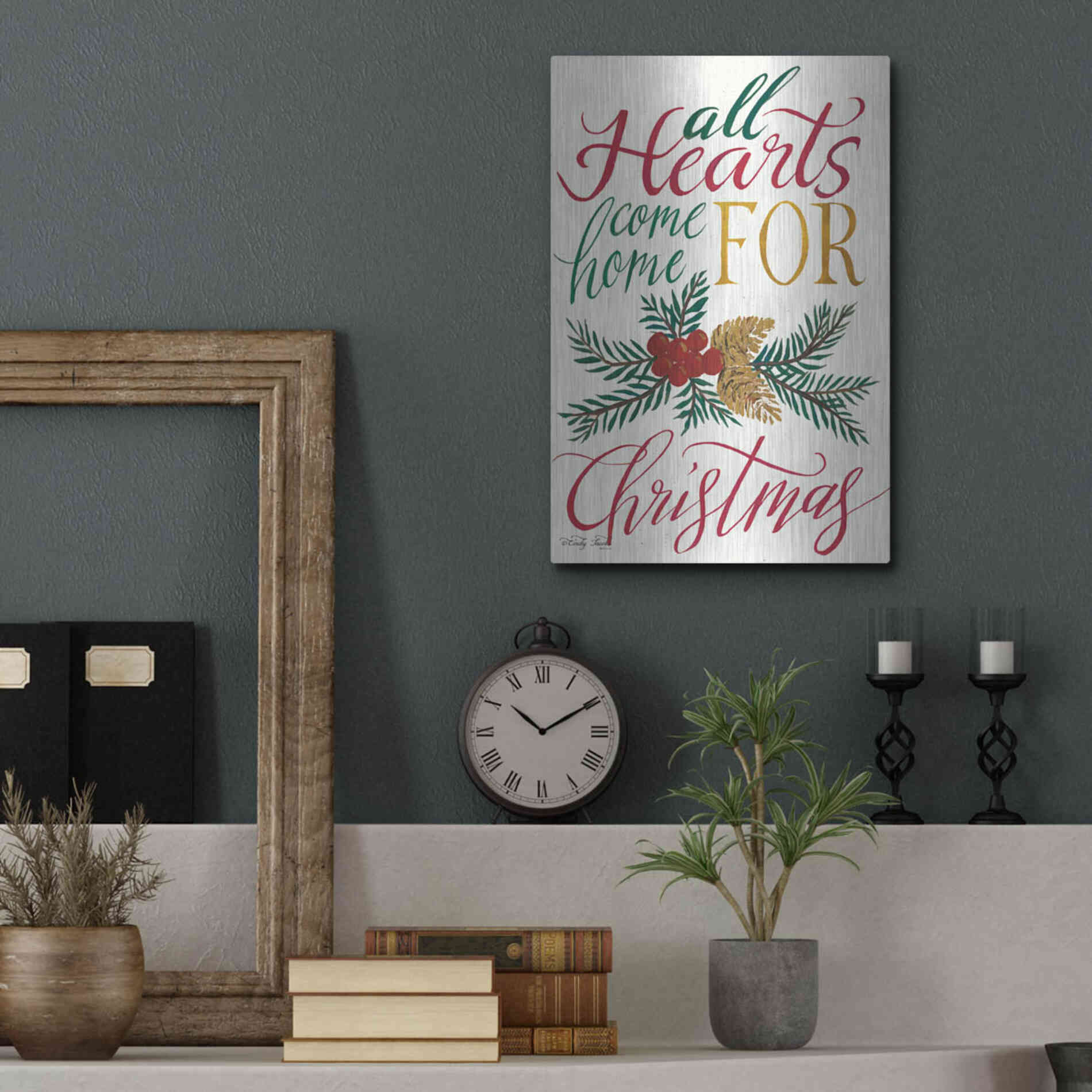 Luxe Metal Art 'All Hearts Come Home For Christmas' by Cindy Jacobs, Metal Wall Art,12x16