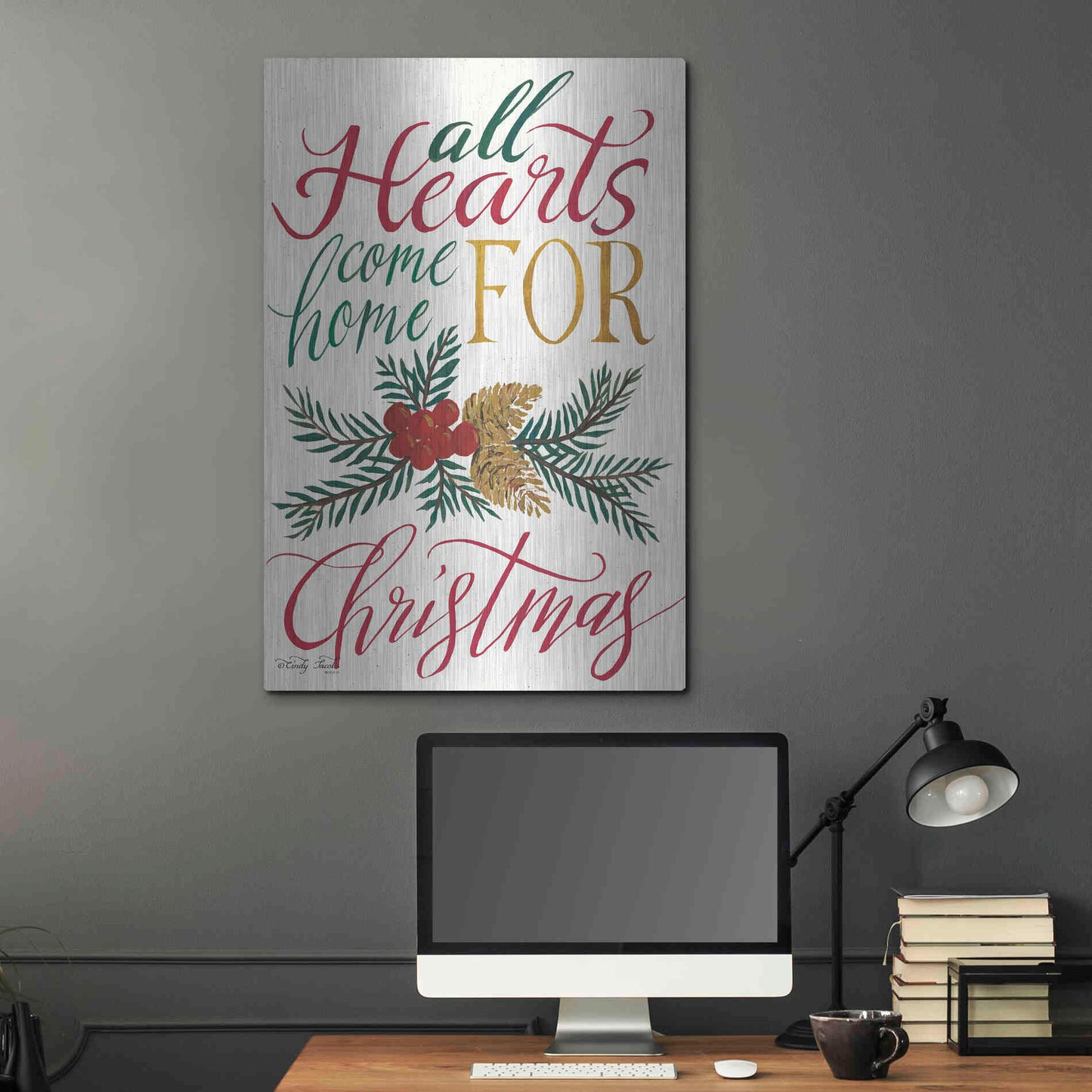 Luxe Metal Art 'All Hearts Come Home For Christmas' by Cindy Jacobs, Metal Wall Art,24x36