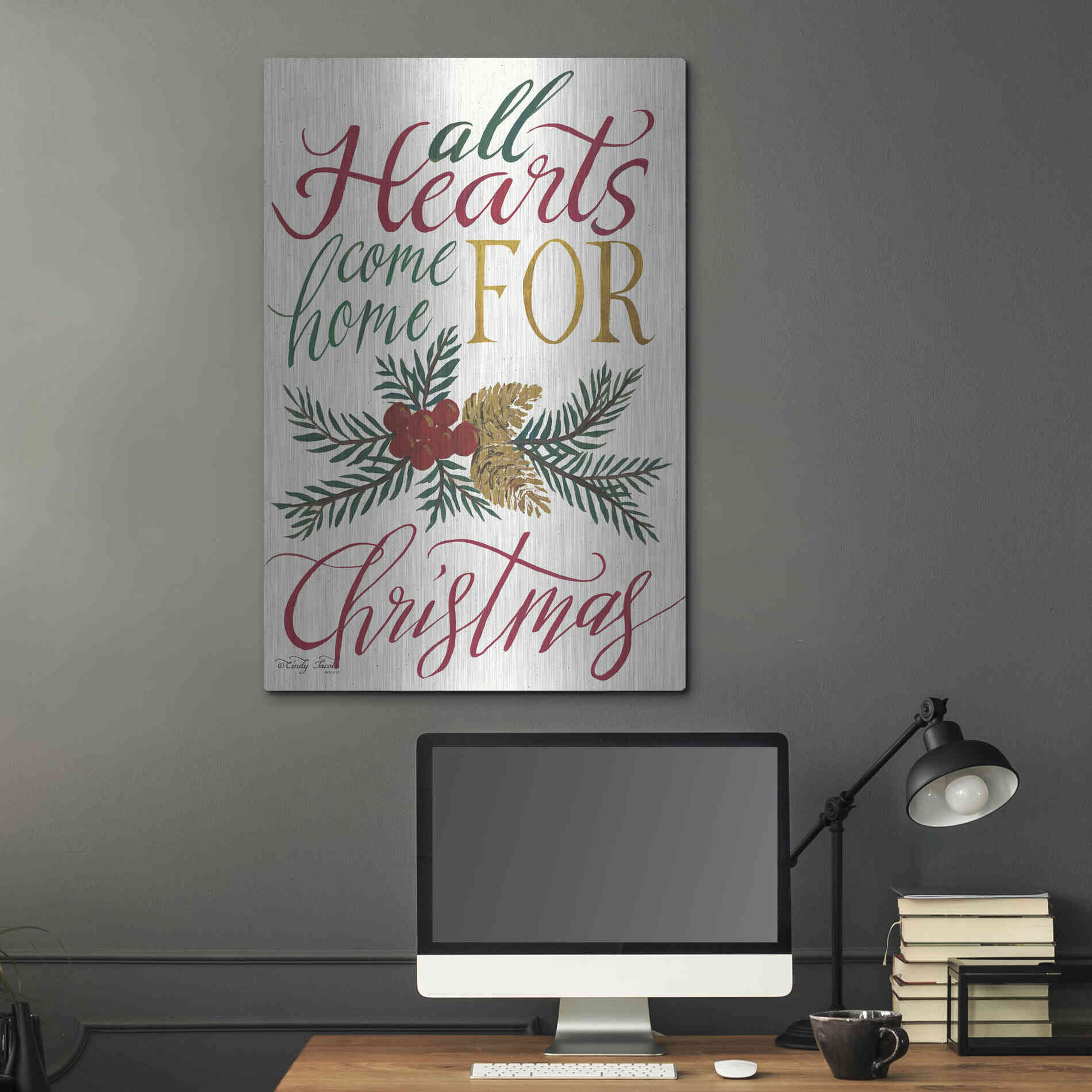 Luxe Metal Art 'All Hearts Come Home For Christmas' by Cindy Jacobs, Metal Wall Art,24x36