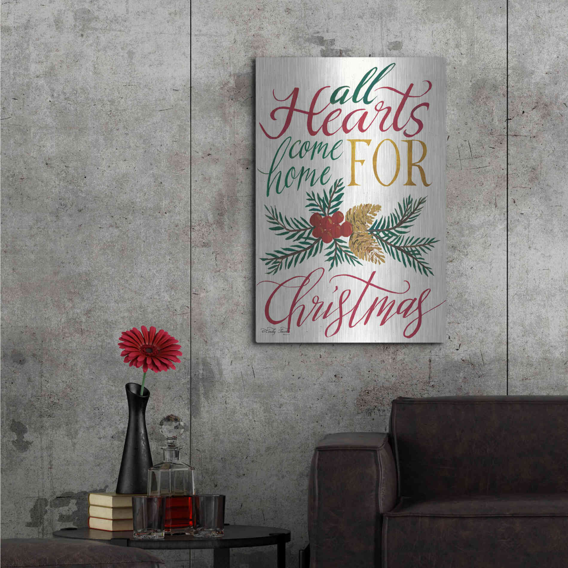 Luxe Metal Art 'All Hearts Come Home For Christmas' by Cindy Jacobs, Metal Wall Art,24x36