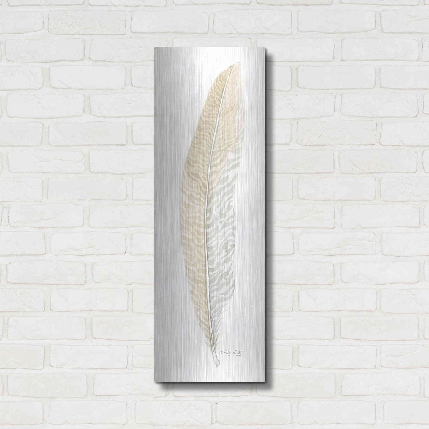 Luxe Metal Art 'Tonal Feather I' by Cindy Jacobs, Metal Wall Art,12x36