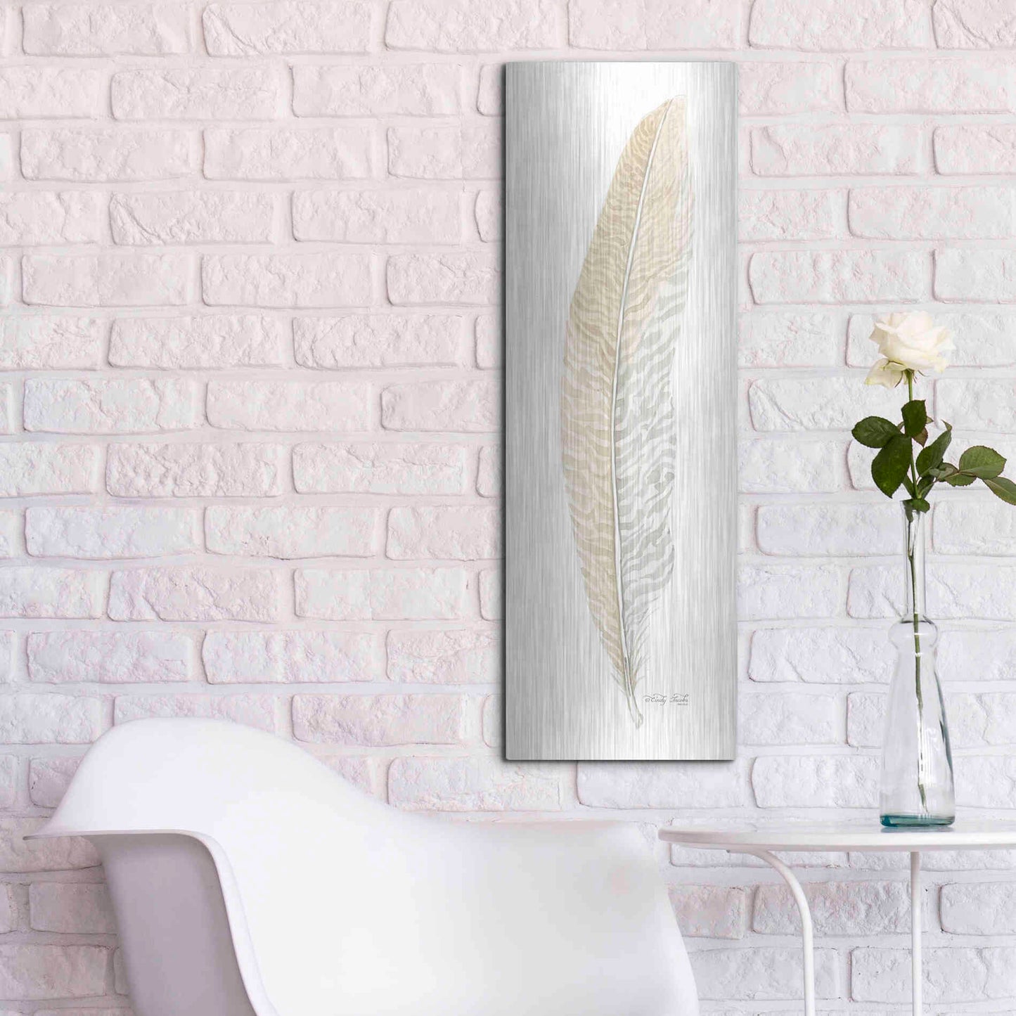 Luxe Metal Art 'Tonal Feather I' by Cindy Jacobs, Metal Wall Art,12x36