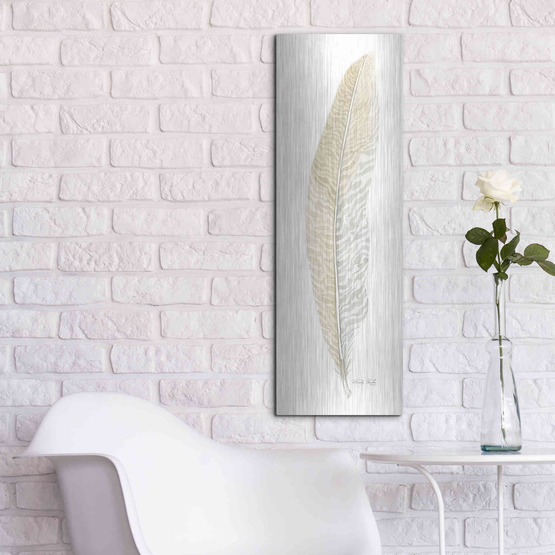 Luxe Metal Art 'Tonal Feather I' by Cindy Jacobs, Metal Wall Art,12x36