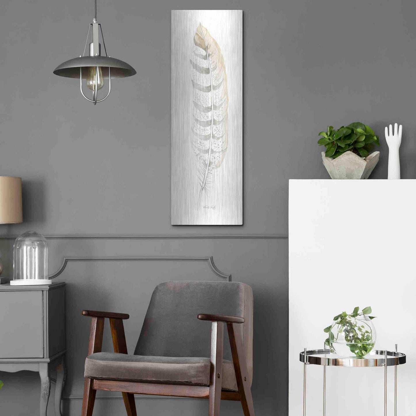 Luxe Metal Art 'Tonal Feather II' by Cindy Jacobs, Metal Wall Art,12x36