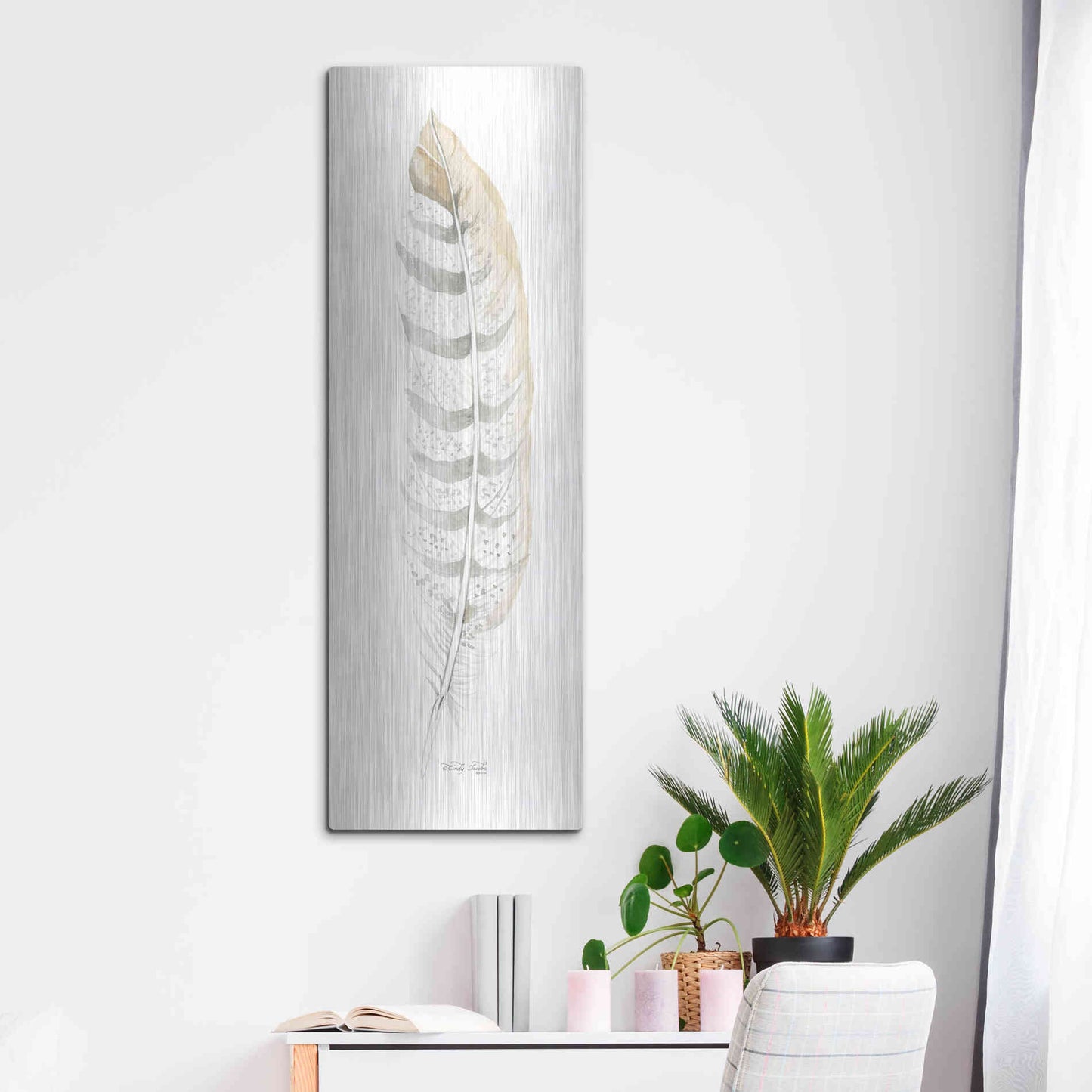 Luxe Metal Art 'Tonal Feather II' by Cindy Jacobs, Metal Wall Art,16x48