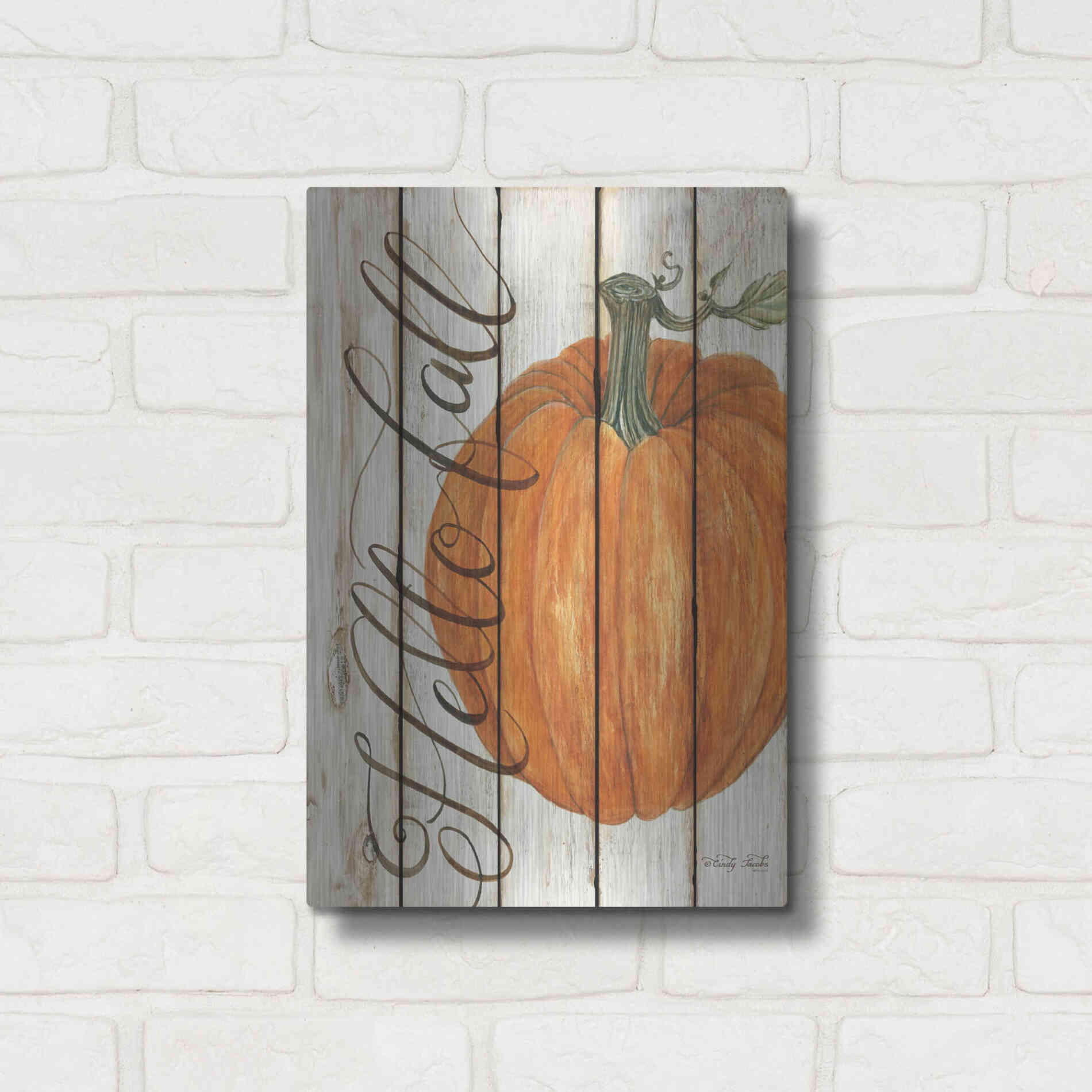 Luxe Metal Art 'Hello Fall Pumpkin on Shiplap' by Cindy Jacobs, Metal Wall Art,12x16