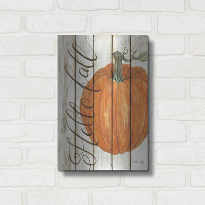 Luxe Metal Art 'Hello Fall Pumpkin on Shiplap' by Cindy Jacobs, Metal Wall Art,12x16
