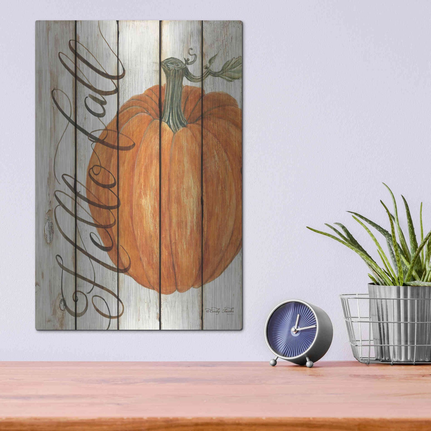 Luxe Metal Art 'Hello Fall Pumpkin on Shiplap' by Cindy Jacobs, Metal Wall Art,12x16