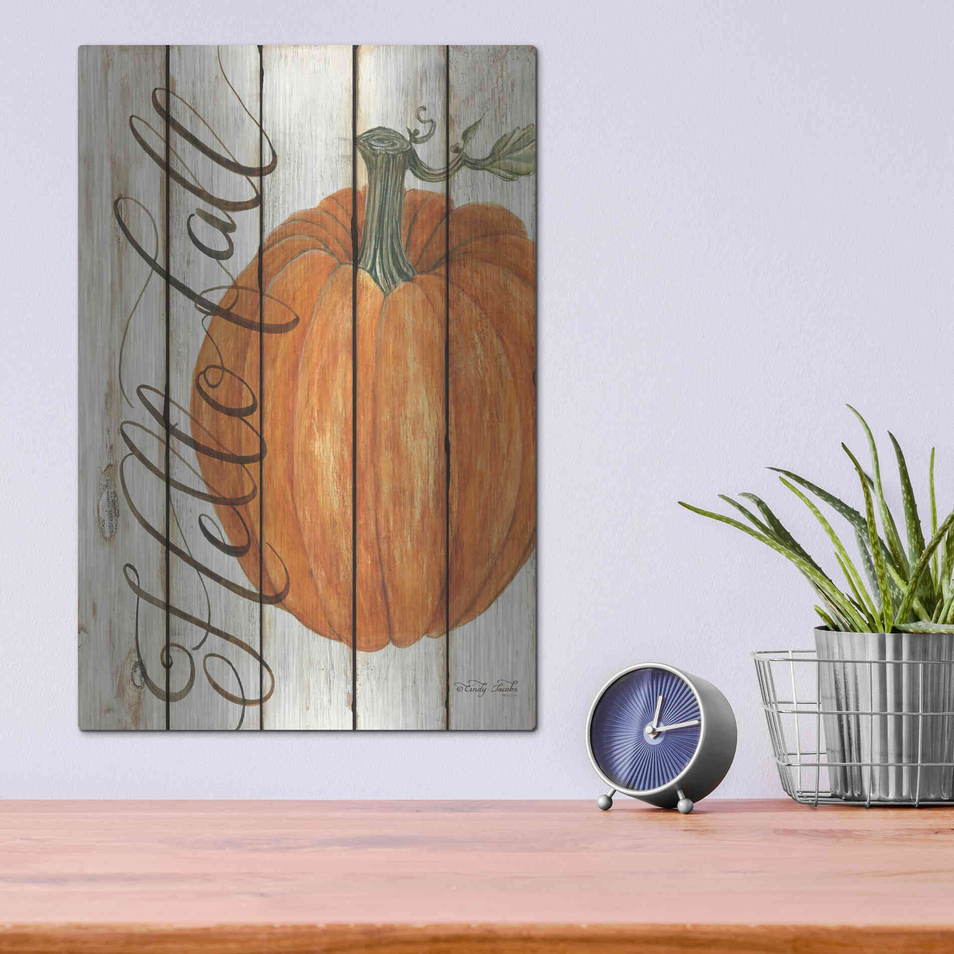 Luxe Metal Art 'Hello Fall Pumpkin on Shiplap' by Cindy Jacobs, Metal Wall Art,12x16