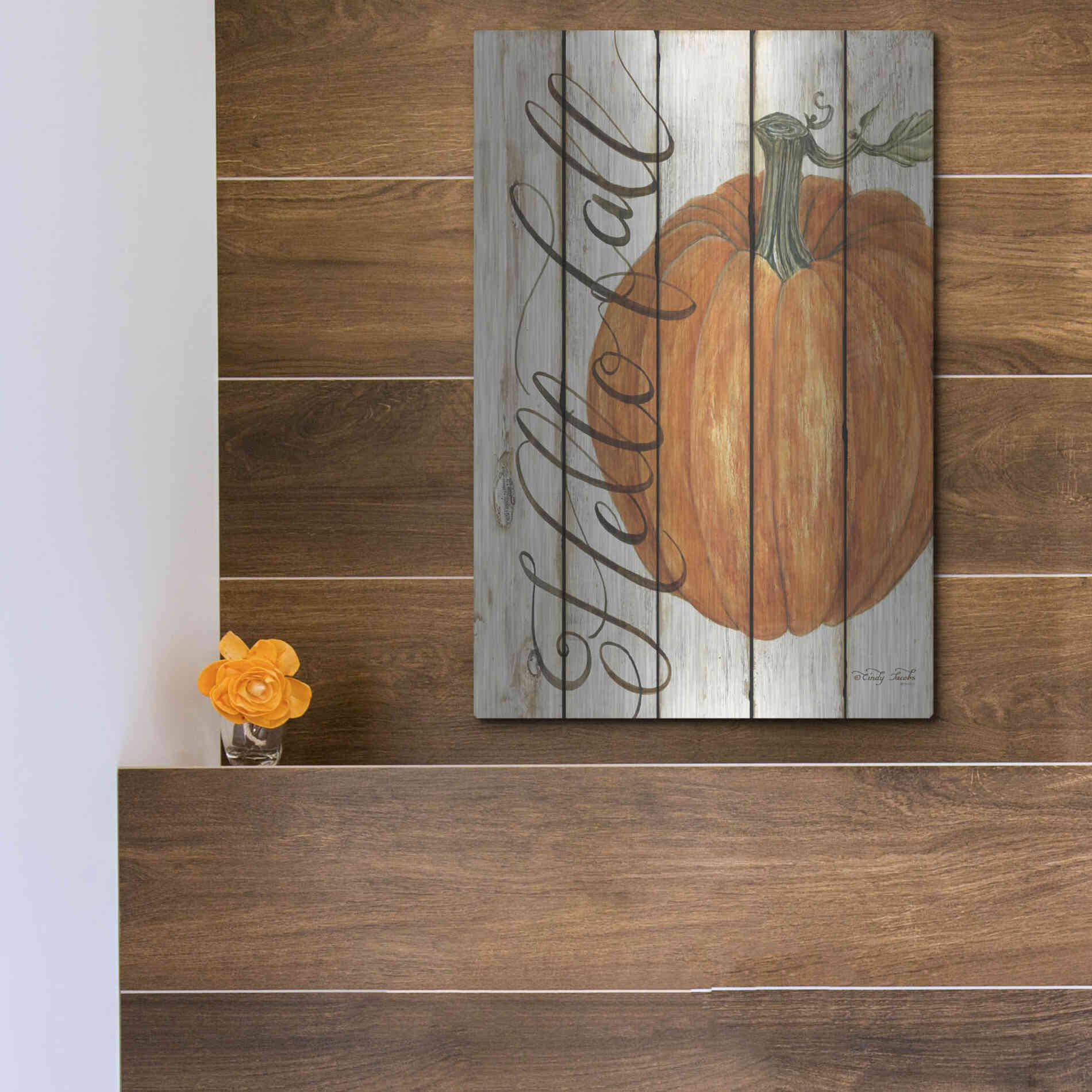 Luxe Metal Art 'Hello Fall Pumpkin on Shiplap' by Cindy Jacobs, Metal Wall Art,12x16