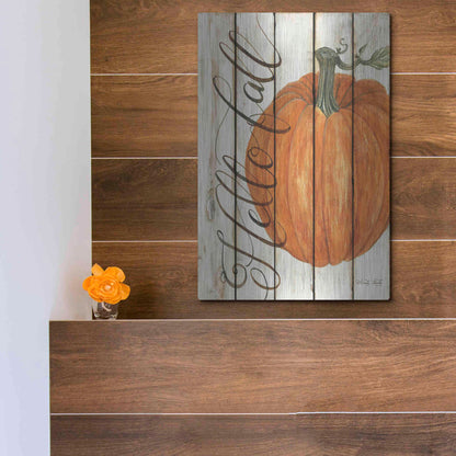 Luxe Metal Art 'Hello Fall Pumpkin on Shiplap' by Cindy Jacobs, Metal Wall Art,12x16