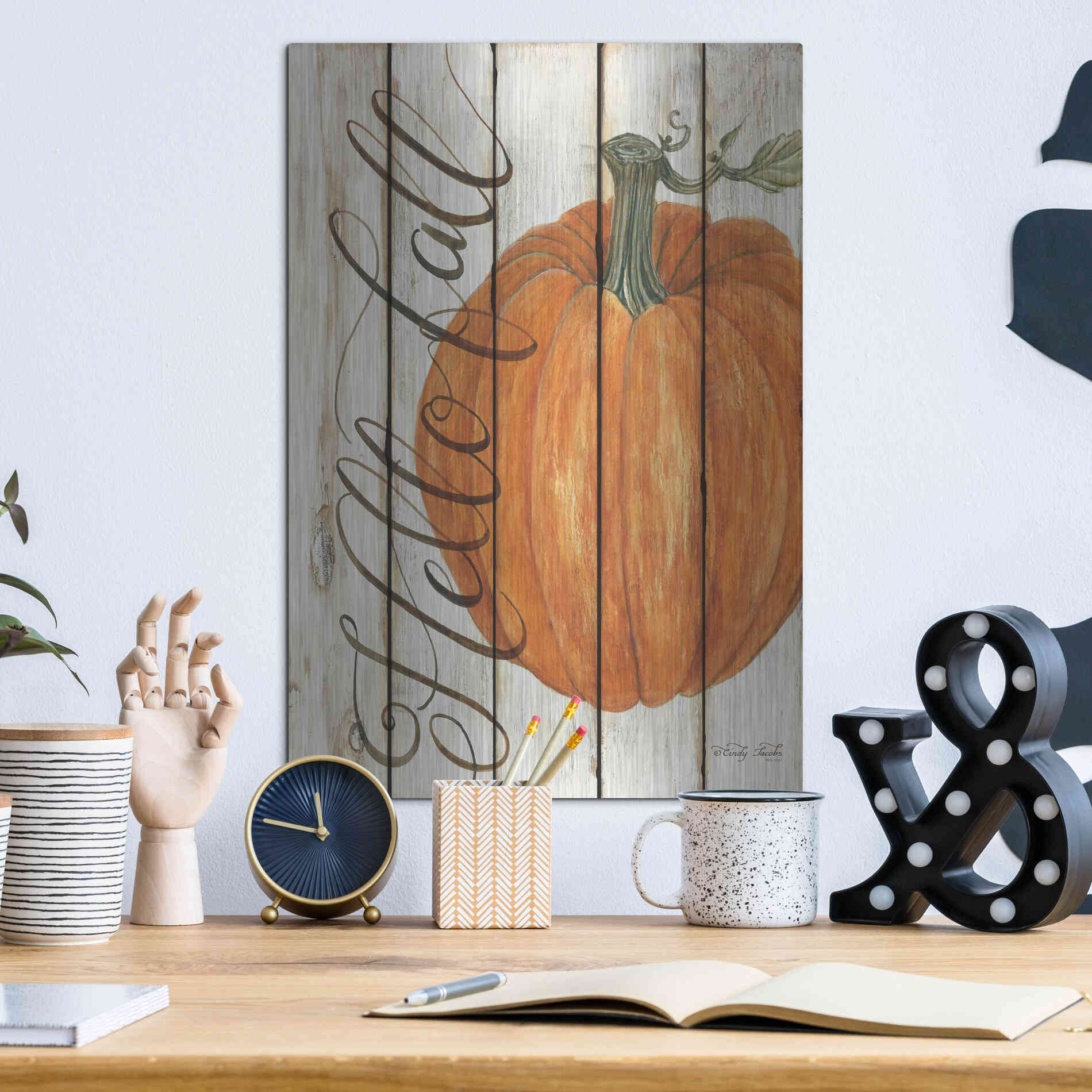 Luxe Metal Art 'Hello Fall Pumpkin on Shiplap' by Cindy Jacobs, Metal Wall Art,12x16