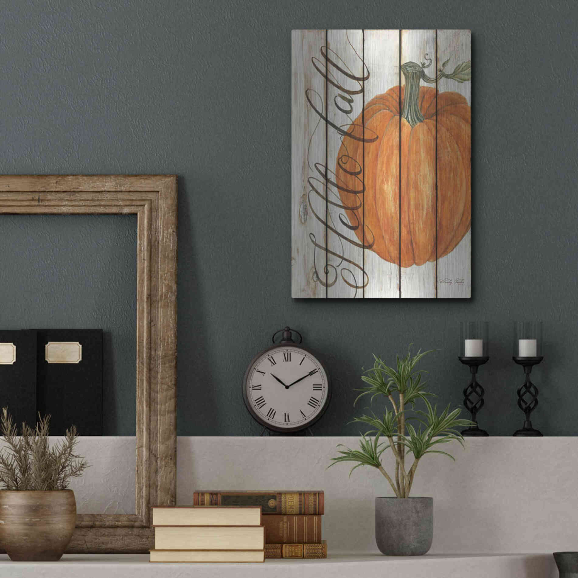 Luxe Metal Art 'Hello Fall Pumpkin on Shiplap' by Cindy Jacobs, Metal Wall Art,12x16