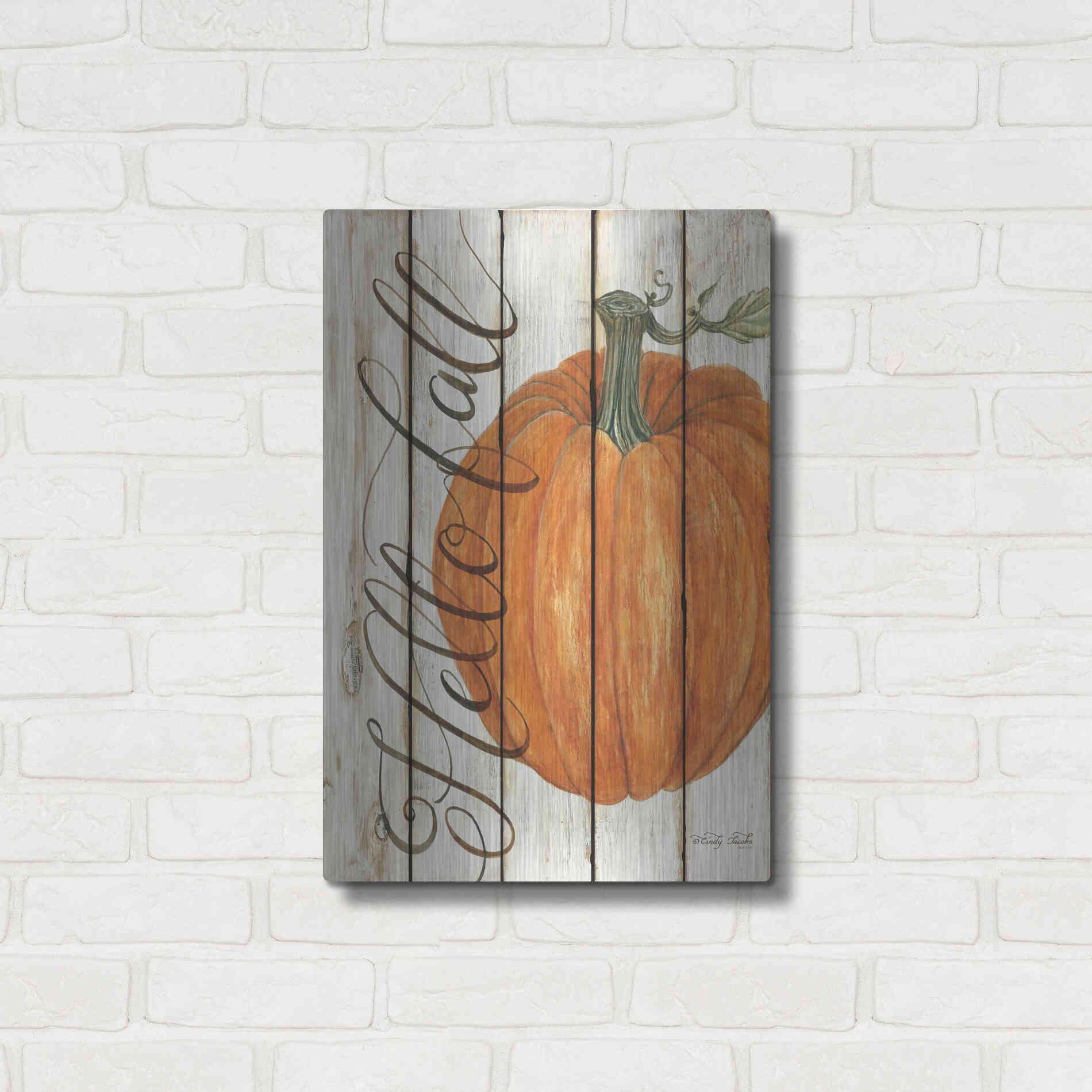 Luxe Metal Art 'Hello Fall Pumpkin on Shiplap' by Cindy Jacobs, Metal Wall Art,16x24