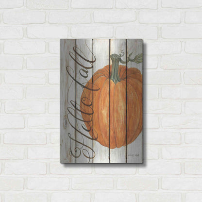 Luxe Metal Art 'Hello Fall Pumpkin on Shiplap' by Cindy Jacobs, Metal Wall Art,16x24