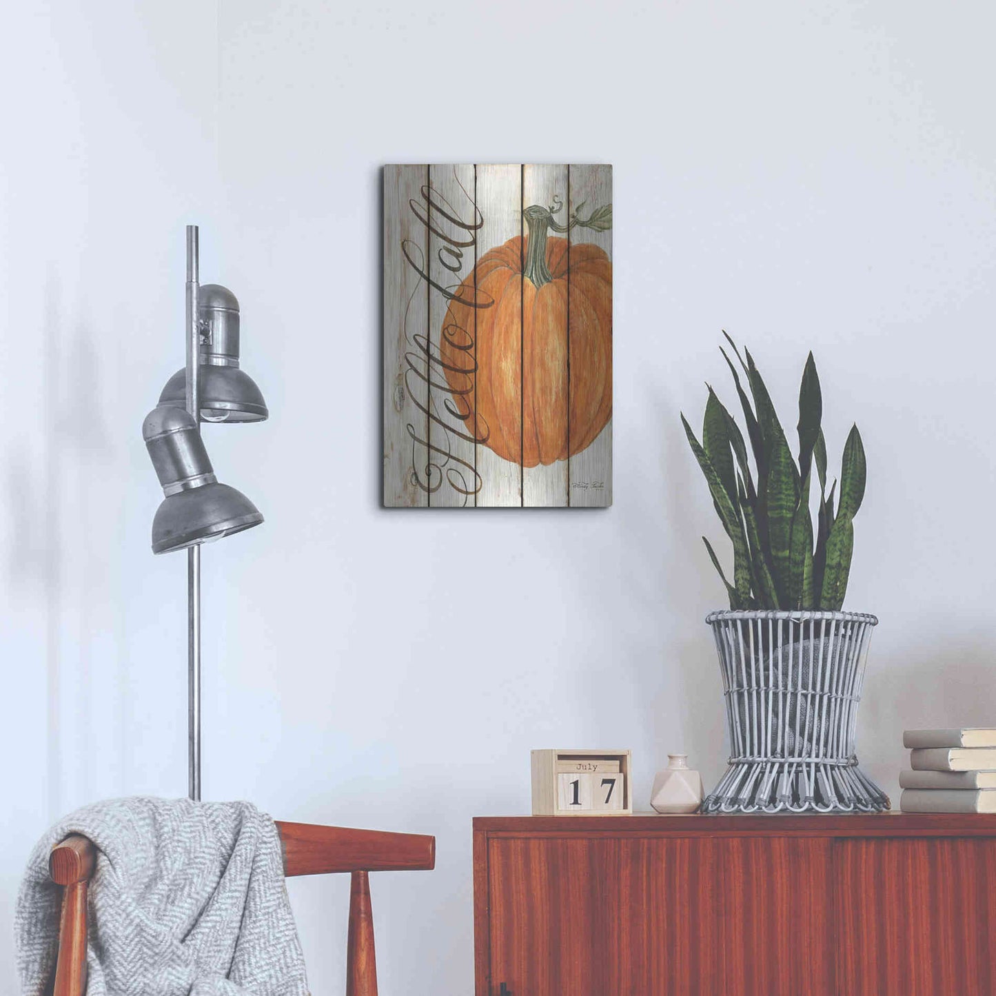 Luxe Metal Art 'Hello Fall Pumpkin on Shiplap' by Cindy Jacobs, Metal Wall Art,16x24