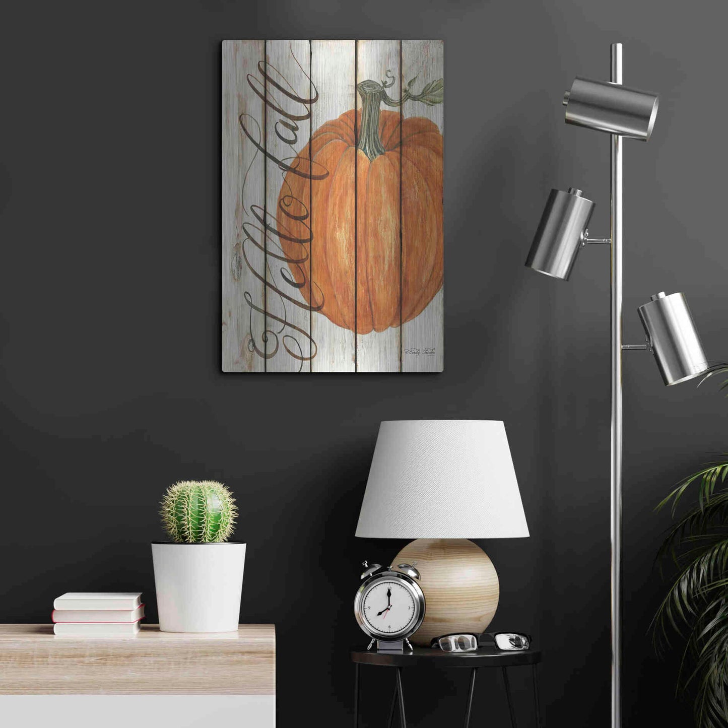 Luxe Metal Art 'Hello Fall Pumpkin on Shiplap' by Cindy Jacobs, Metal Wall Art,16x24