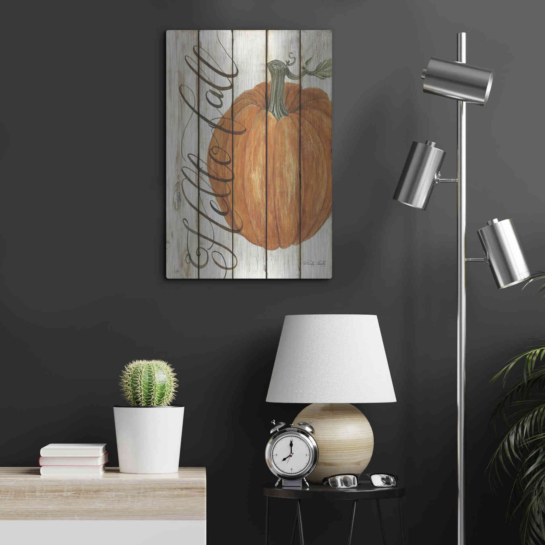 Luxe Metal Art 'Hello Fall Pumpkin on Shiplap' by Cindy Jacobs, Metal Wall Art,16x24