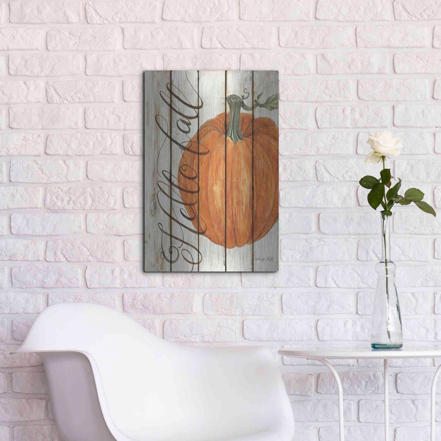 Luxe Metal Art 'Hello Fall Pumpkin on Shiplap' by Cindy Jacobs, Metal Wall Art,16x24