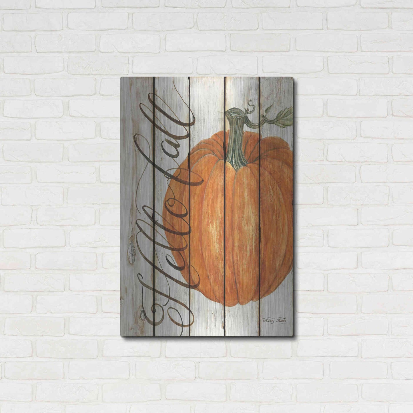 Luxe Metal Art 'Hello Fall Pumpkin on Shiplap' by Cindy Jacobs, Metal Wall Art,24x36