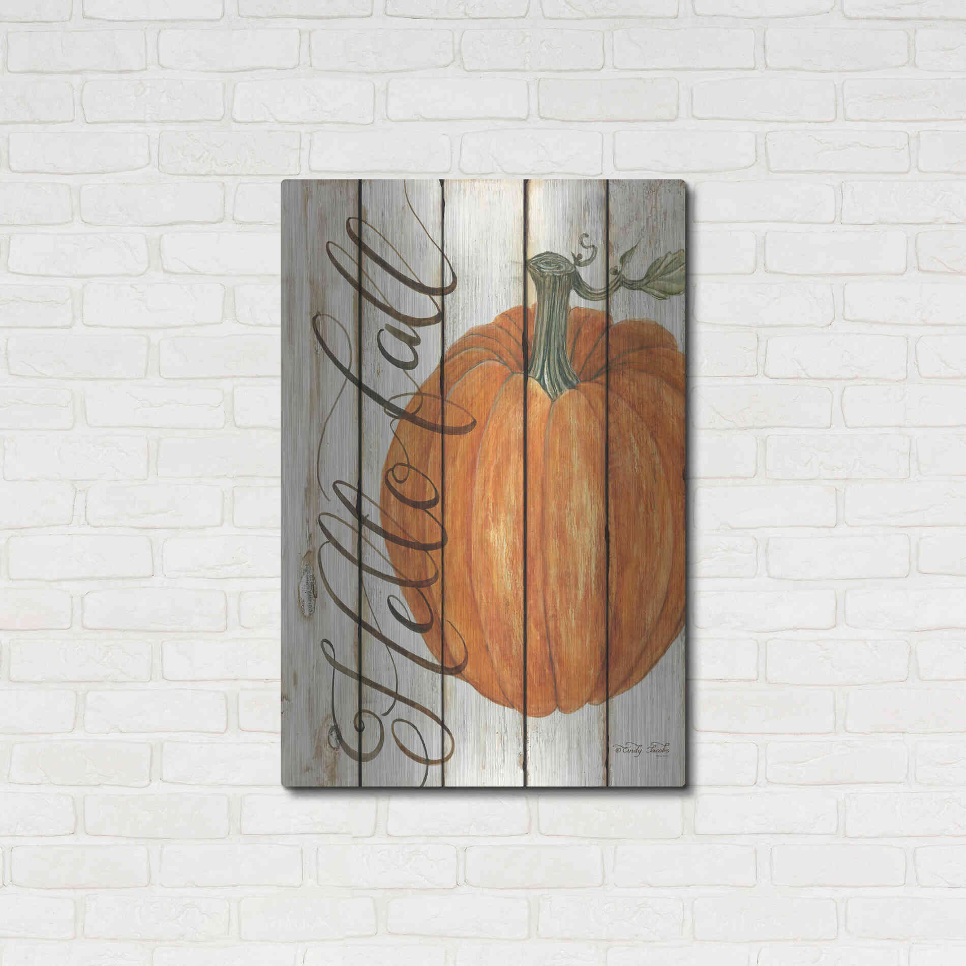 Luxe Metal Art 'Hello Fall Pumpkin on Shiplap' by Cindy Jacobs, Metal Wall Art,24x36