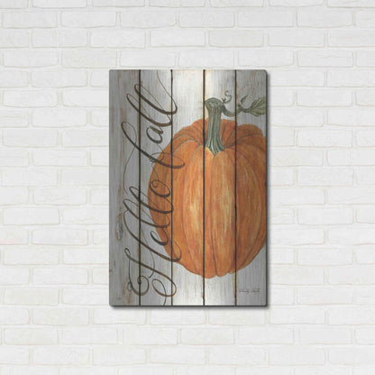 Luxe Metal Art 'Hello Fall Pumpkin on Shiplap' by Cindy Jacobs, Metal Wall Art,24x36