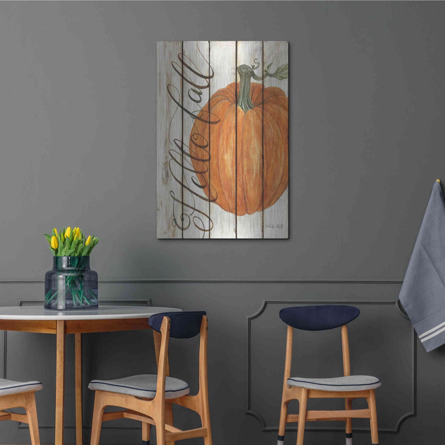 Luxe Metal Art 'Hello Fall Pumpkin on Shiplap' by Cindy Jacobs, Metal Wall Art,24x36