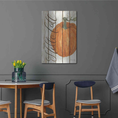Luxe Metal Art 'Hello Fall Pumpkin on Shiplap' by Cindy Jacobs, Metal Wall Art,24x36