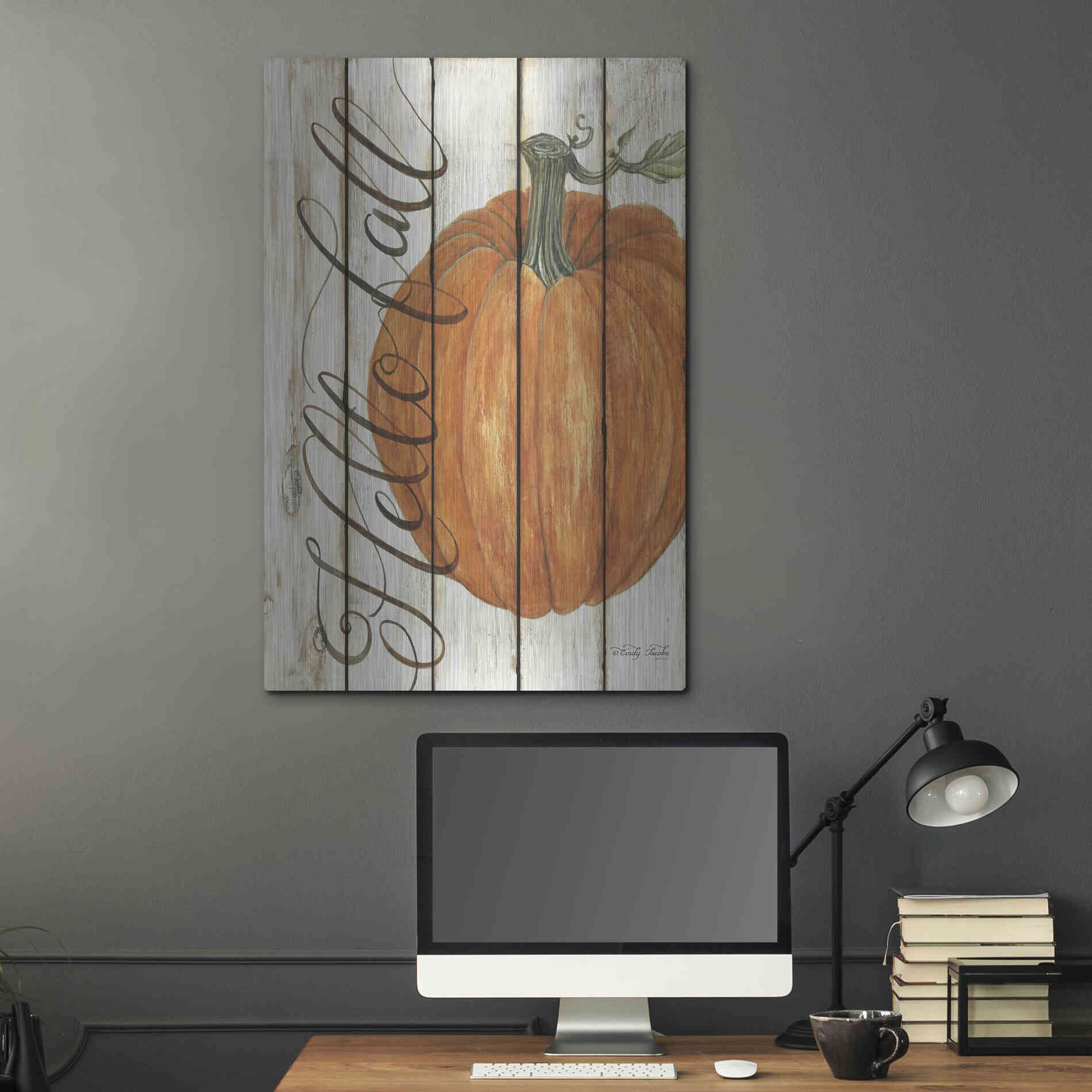 Luxe Metal Art 'Hello Fall Pumpkin on Shiplap' by Cindy Jacobs, Metal Wall Art,24x36