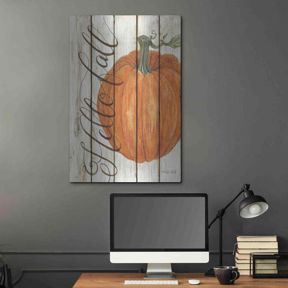 Luxe Metal Art 'Hello Fall Pumpkin on Shiplap' by Cindy Jacobs, Metal Wall Art,24x36