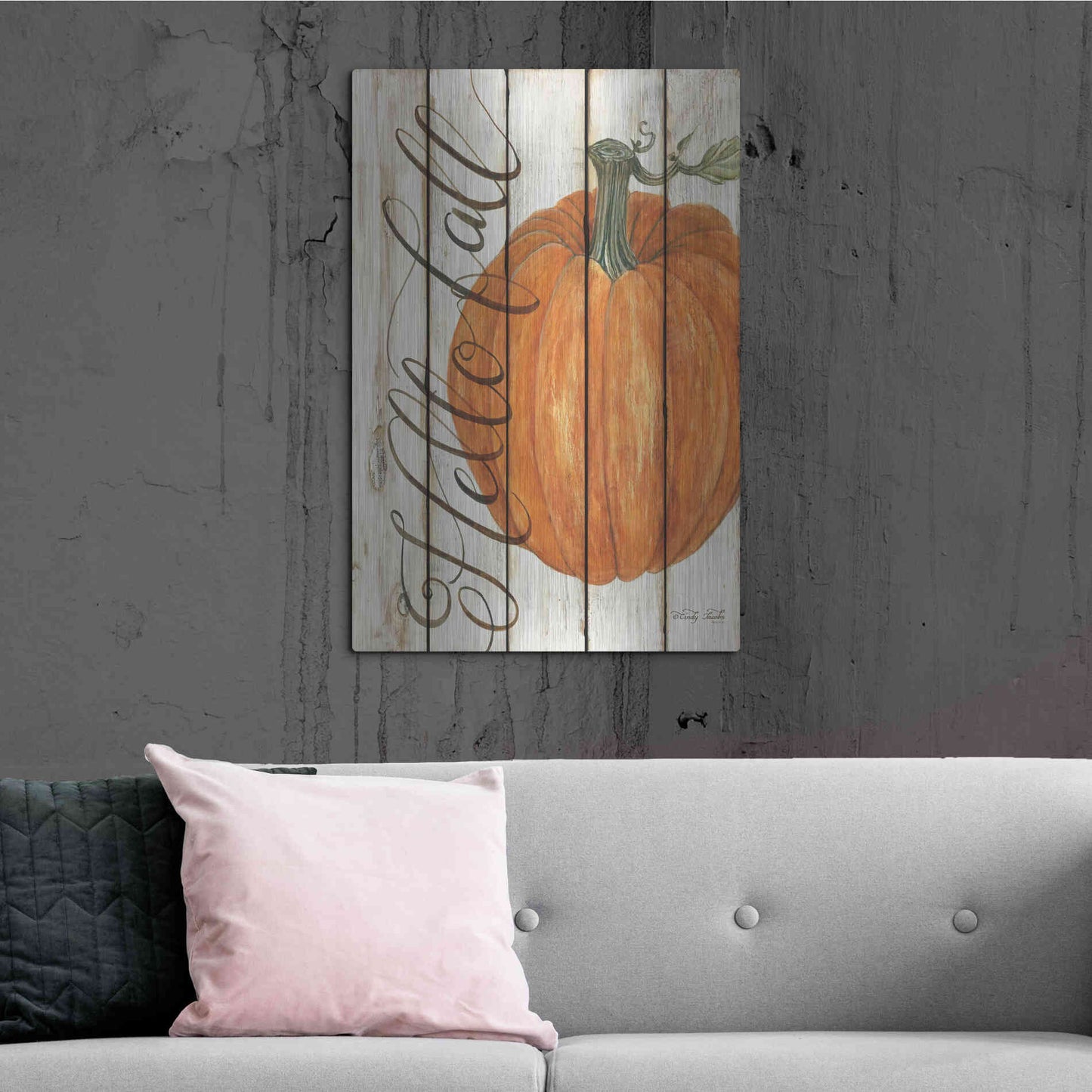 Luxe Metal Art 'Hello Fall Pumpkin on Shiplap' by Cindy Jacobs, Metal Wall Art,24x36