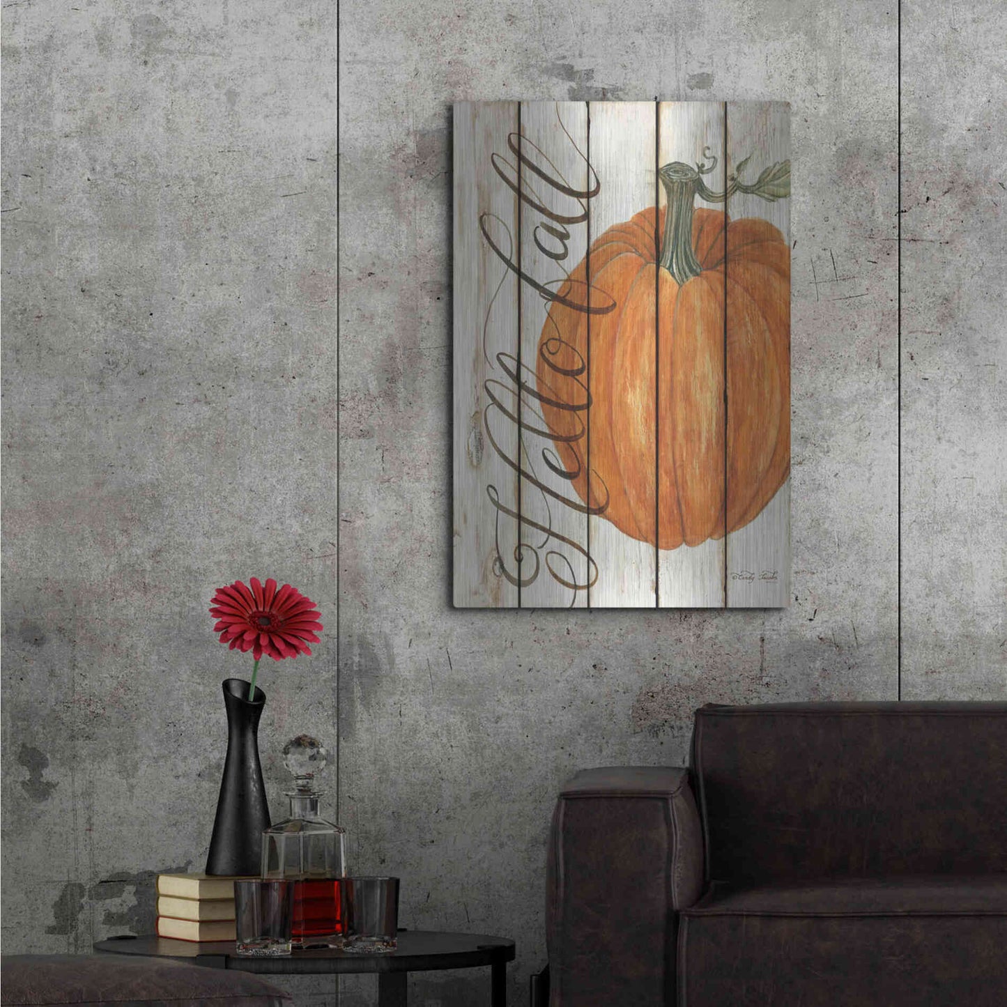 Luxe Metal Art 'Hello Fall Pumpkin on Shiplap' by Cindy Jacobs, Metal Wall Art,24x36