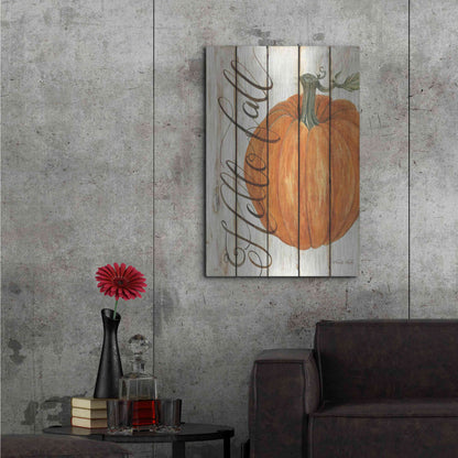 Luxe Metal Art 'Hello Fall Pumpkin on Shiplap' by Cindy Jacobs, Metal Wall Art,24x36