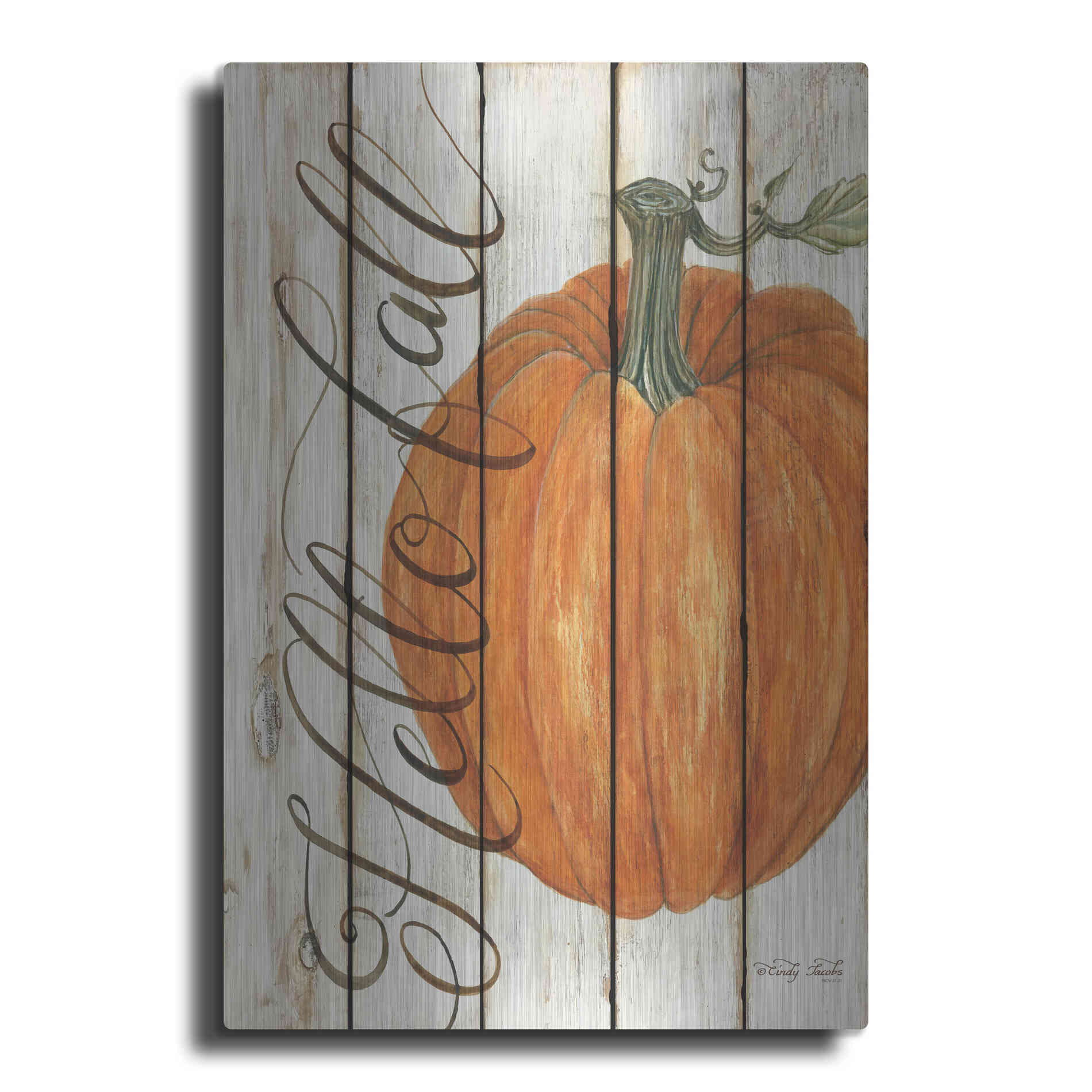Luxe Metal Art 'Hello Fall Pumpkin on Shiplap' by Cindy Jacobs, Metal Wall Art