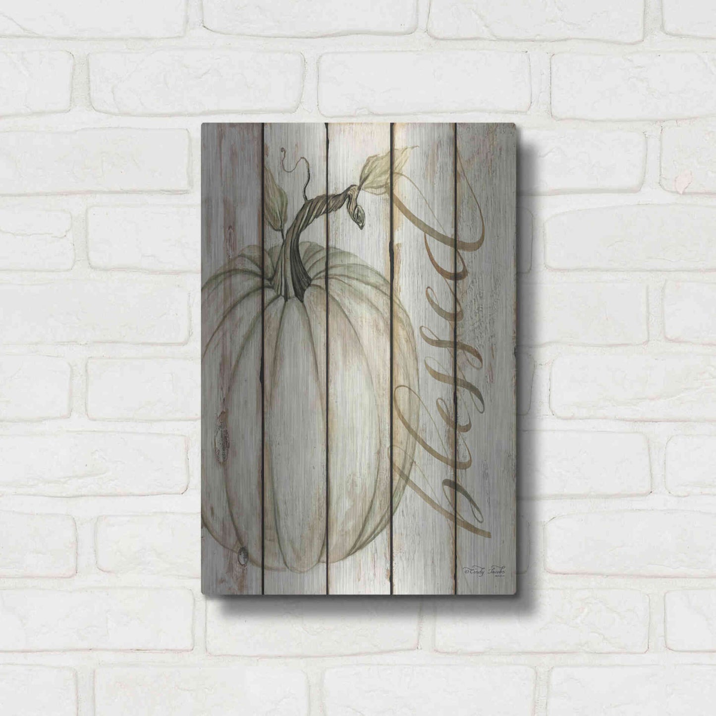 Luxe Metal Art 'Blessed Pumpkin on Shiplap' by Cindy Jacobs, Metal Wall Art,12x16