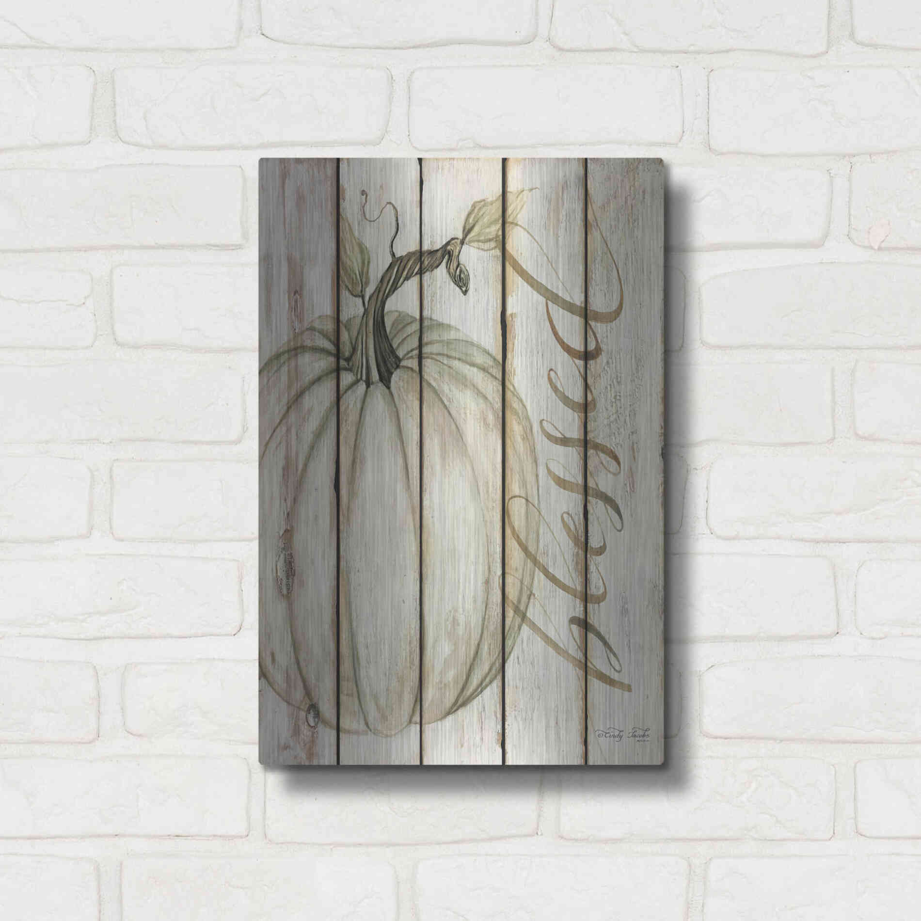 Luxe Metal Art 'Blessed Pumpkin on Shiplap' by Cindy Jacobs, Metal Wall Art,12x16