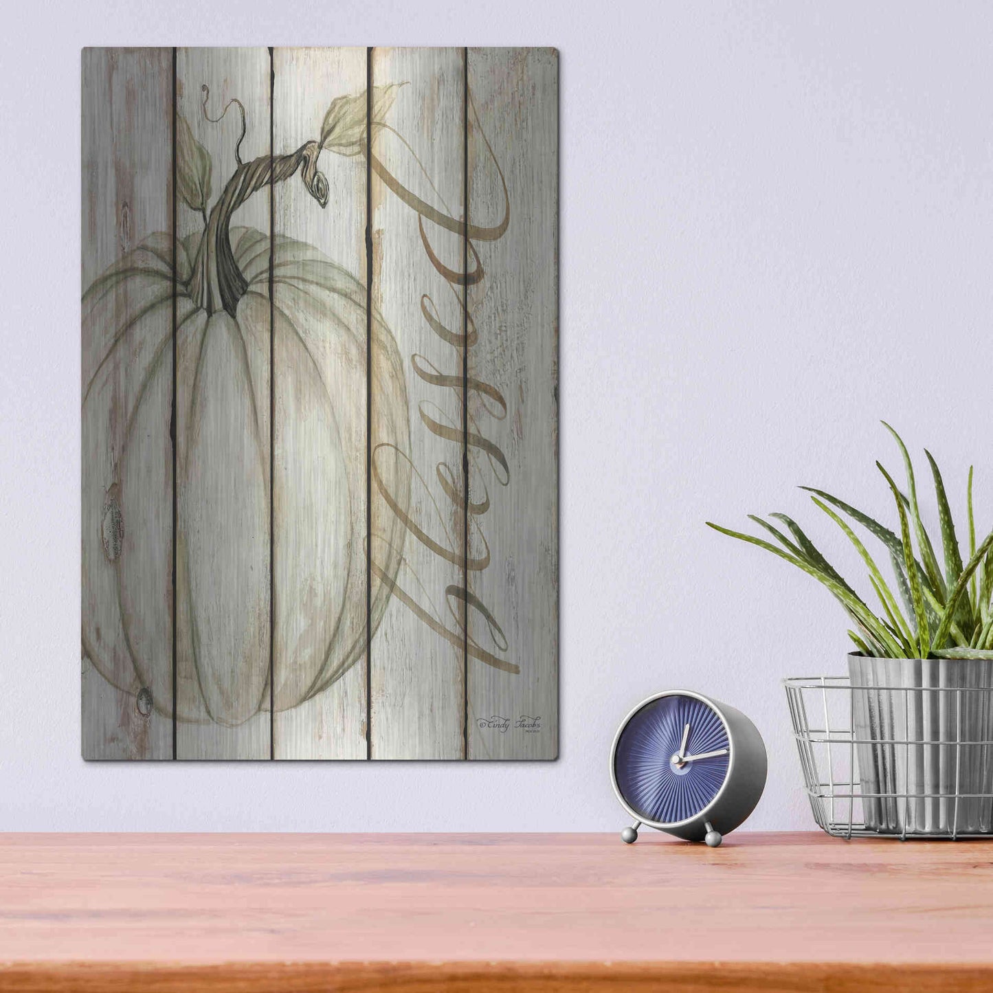 Luxe Metal Art 'Blessed Pumpkin on Shiplap' by Cindy Jacobs, Metal Wall Art,12x16