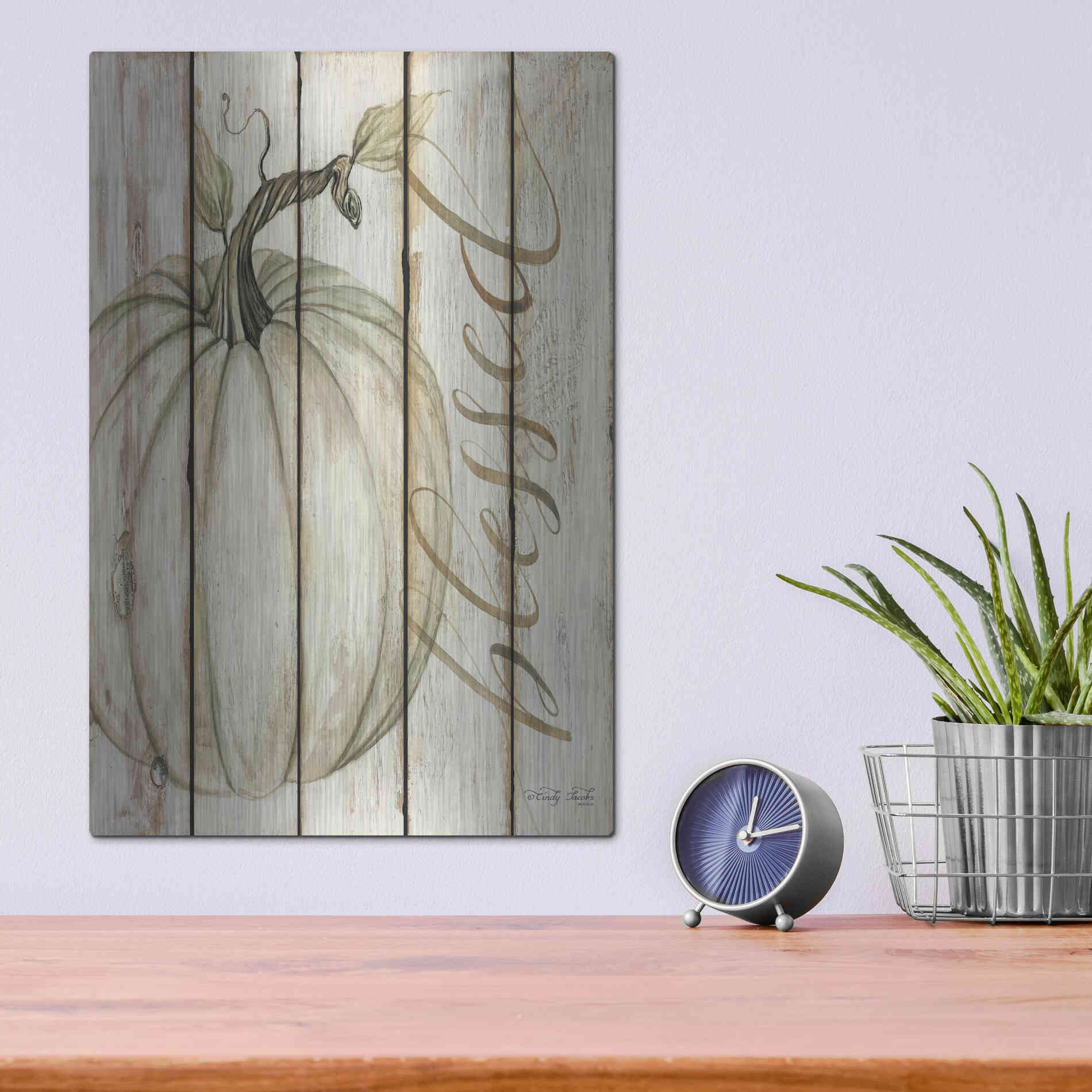 Luxe Metal Art 'Blessed Pumpkin on Shiplap' by Cindy Jacobs, Metal Wall Art,12x16