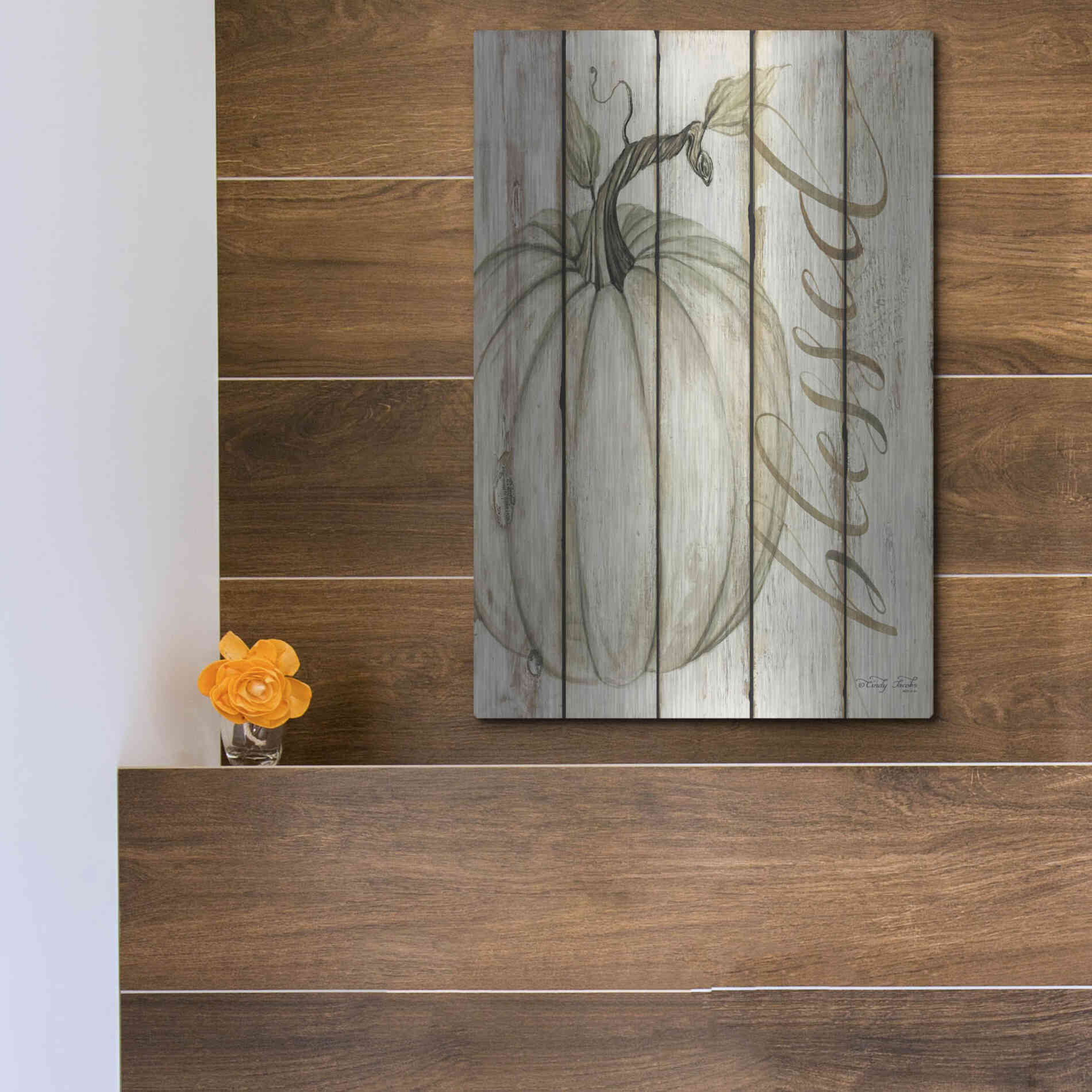 Luxe Metal Art 'Blessed Pumpkin on Shiplap' by Cindy Jacobs, Metal Wall Art,12x16