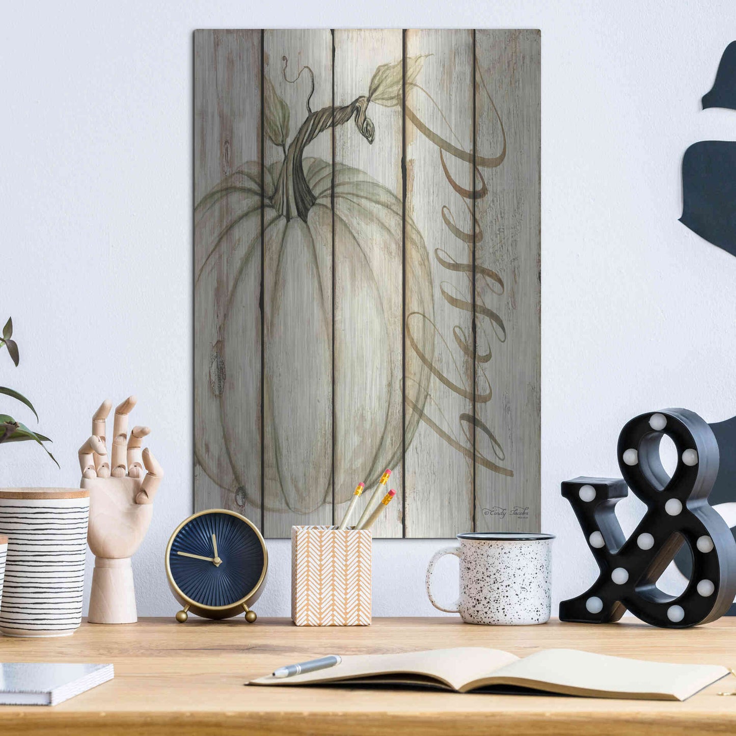 Luxe Metal Art 'Blessed Pumpkin on Shiplap' by Cindy Jacobs, Metal Wall Art,12x16