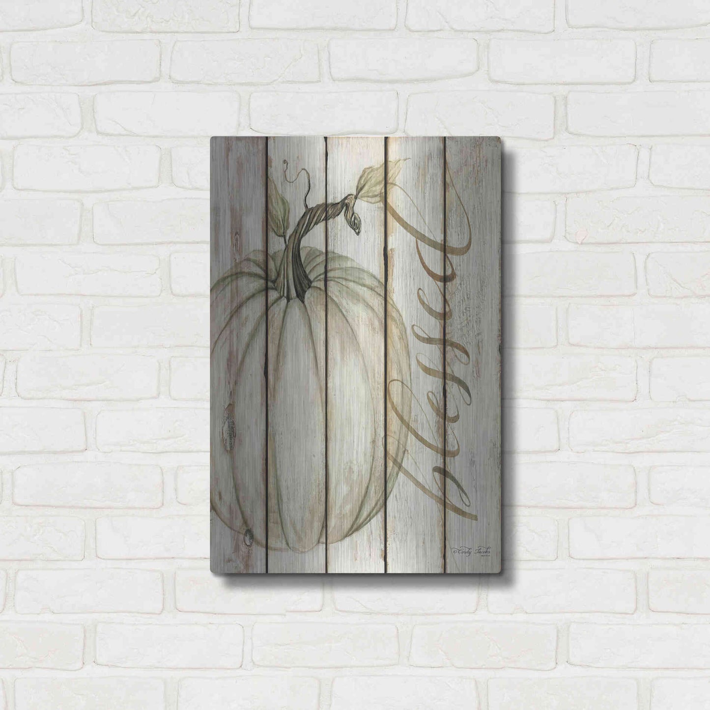 Luxe Metal Art 'Blessed Pumpkin on Shiplap' by Cindy Jacobs, Metal Wall Art,16x24