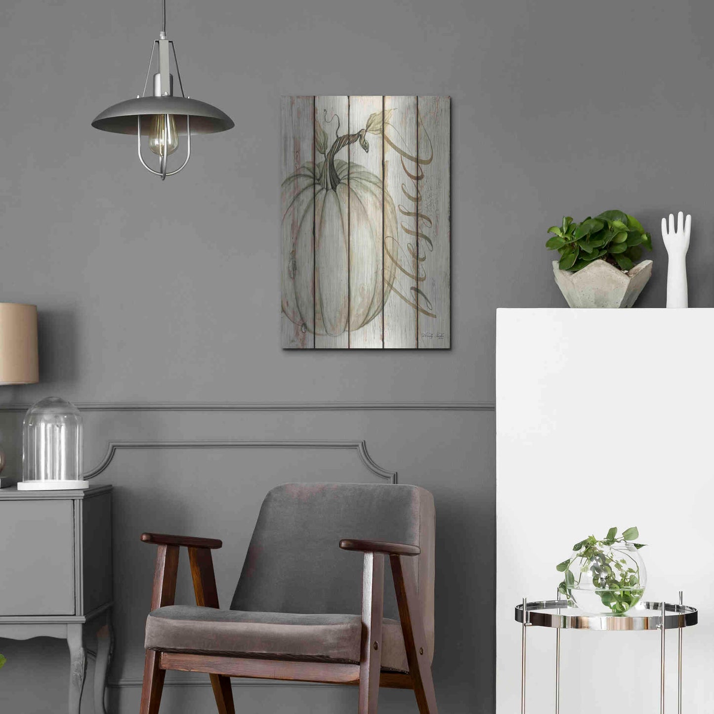 Luxe Metal Art 'Blessed Pumpkin on Shiplap' by Cindy Jacobs, Metal Wall Art,16x24