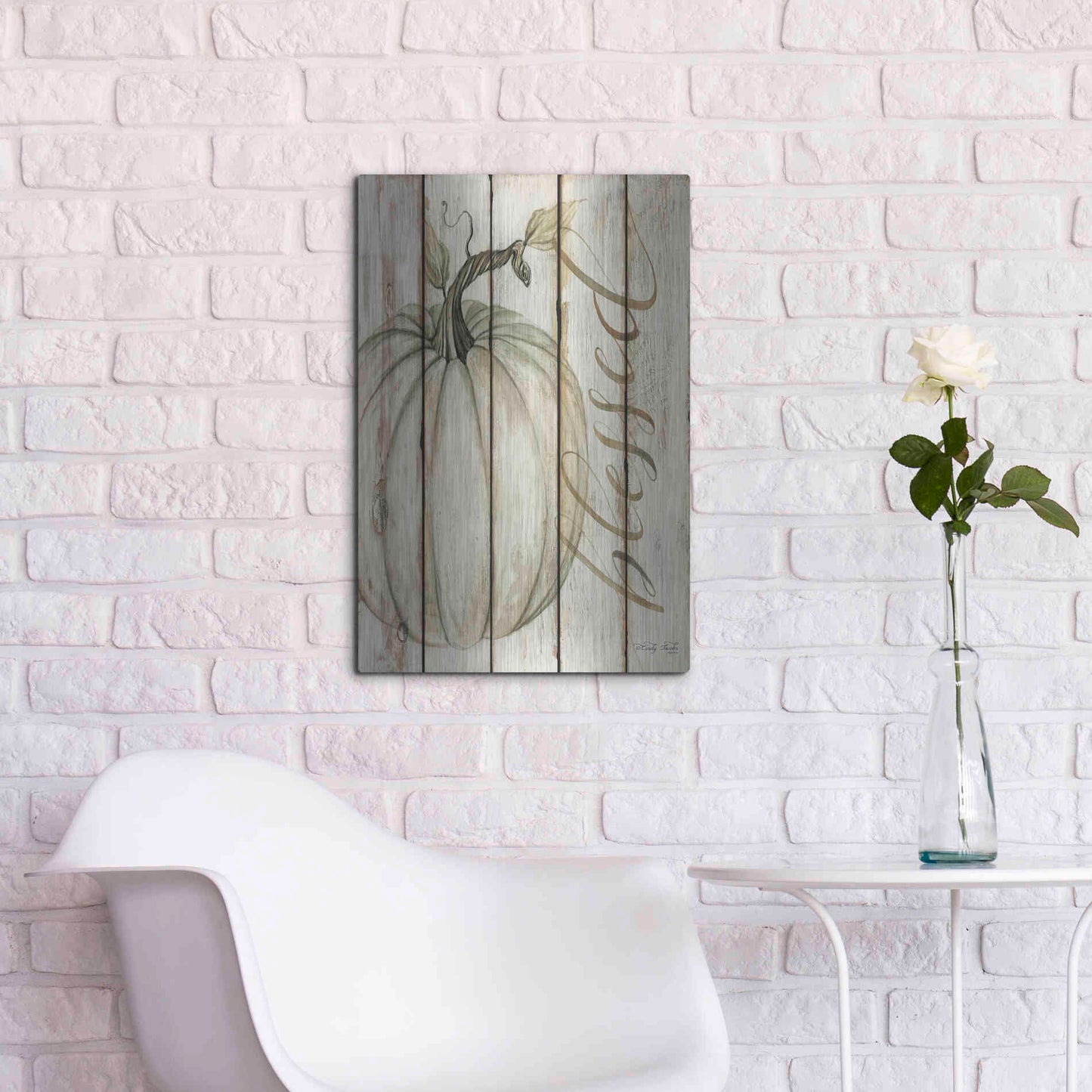 Luxe Metal Art 'Blessed Pumpkin on Shiplap' by Cindy Jacobs, Metal Wall Art,16x24