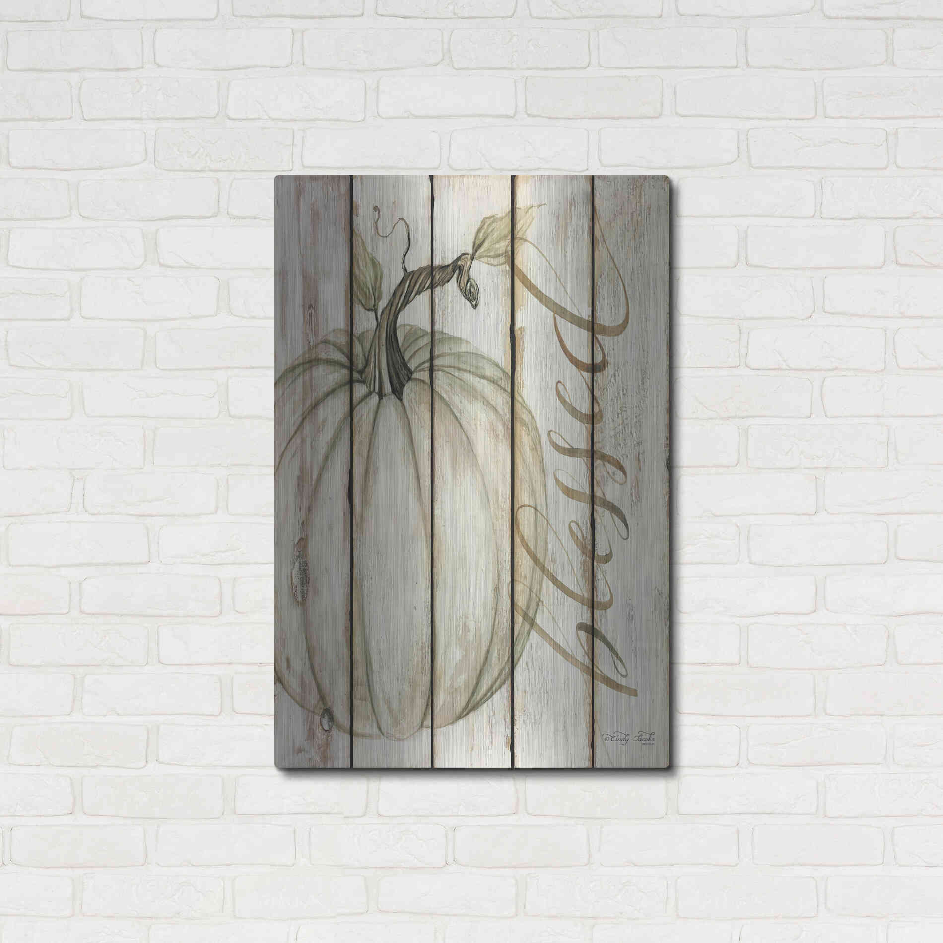 Luxe Metal Art 'Blessed Pumpkin on Shiplap' by Cindy Jacobs, Metal Wall Art,24x36