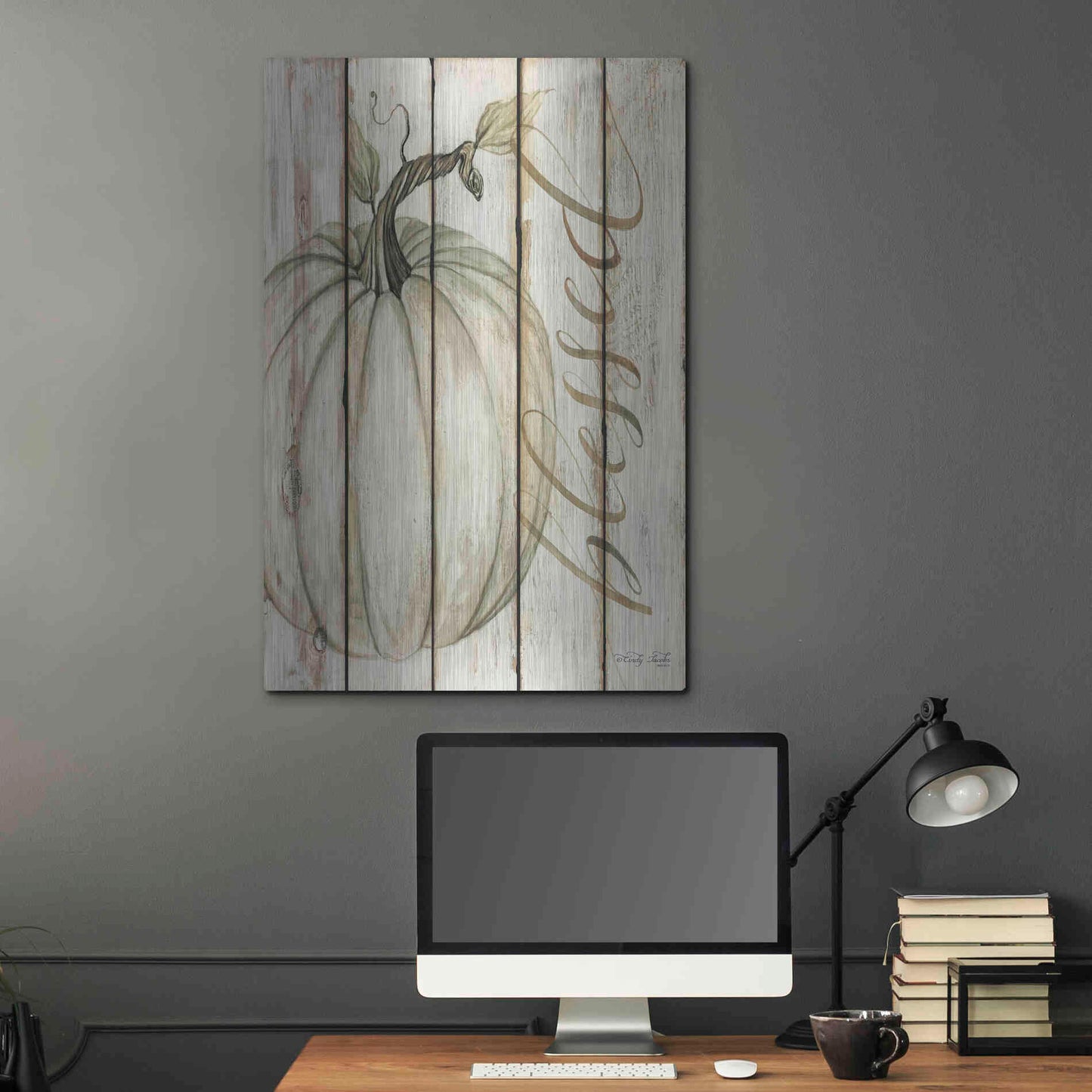 Luxe Metal Art 'Blessed Pumpkin on Shiplap' by Cindy Jacobs, Metal Wall Art,24x36