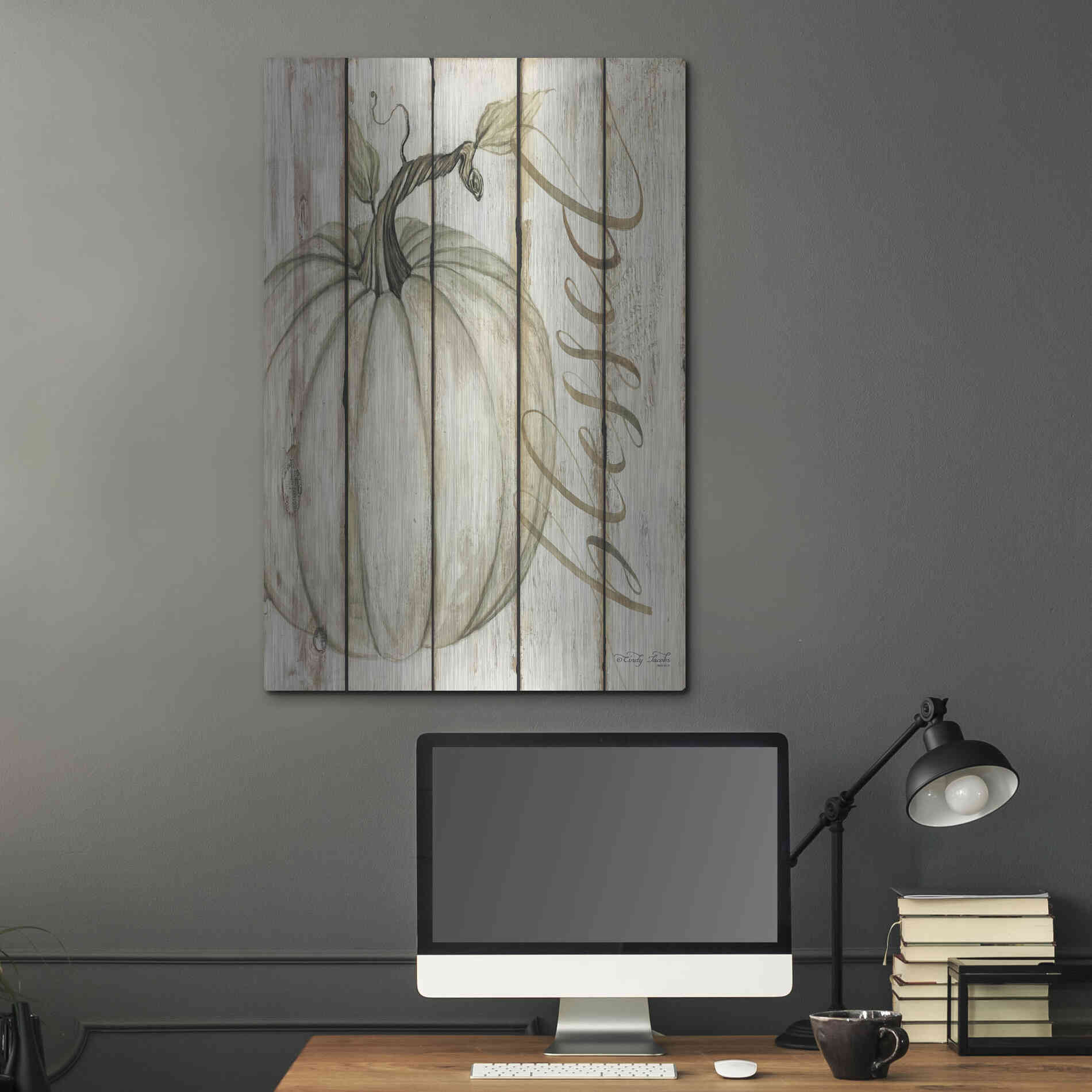 Luxe Metal Art 'Blessed Pumpkin on Shiplap' by Cindy Jacobs, Metal Wall Art,24x36