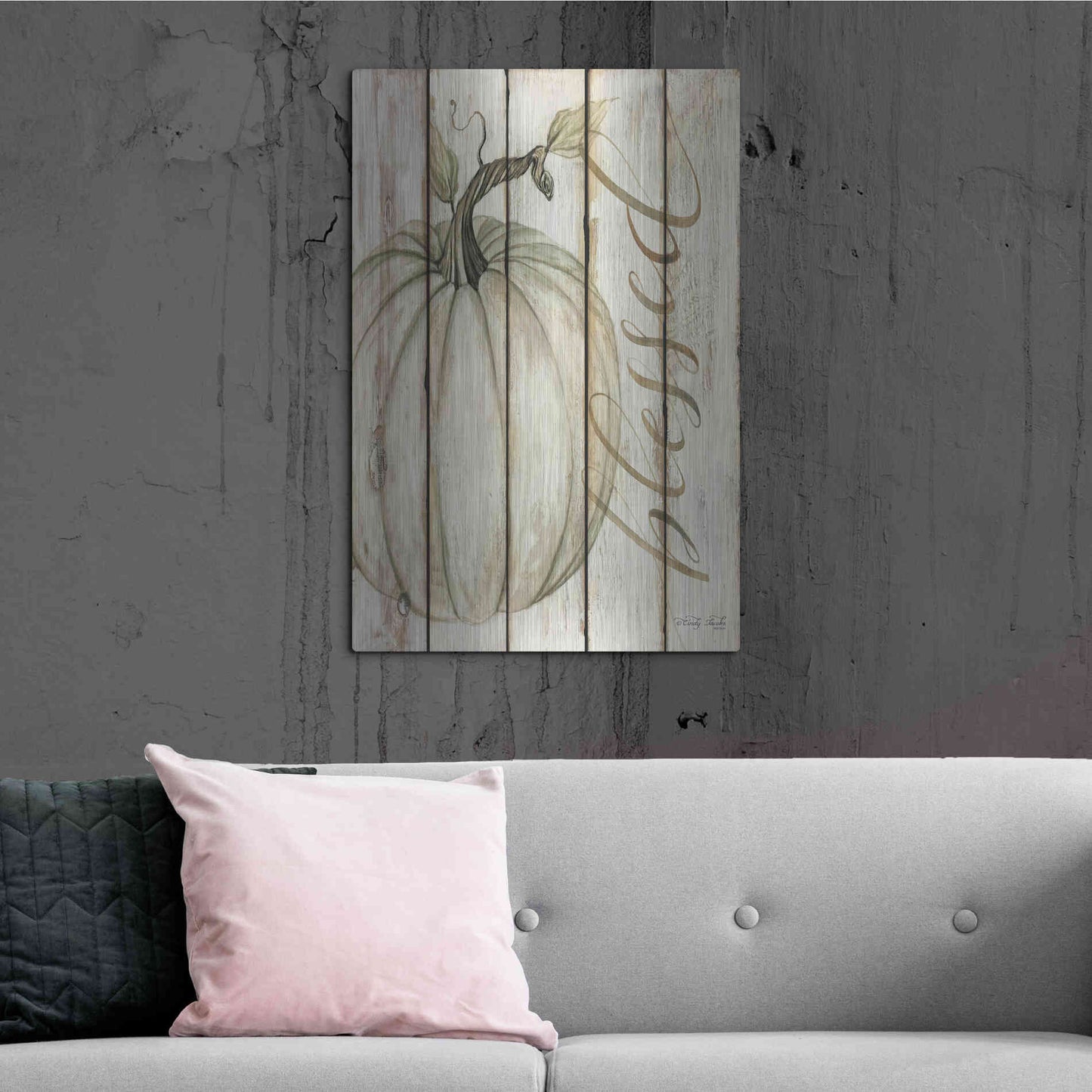 Luxe Metal Art 'Blessed Pumpkin on Shiplap' by Cindy Jacobs, Metal Wall Art,24x36