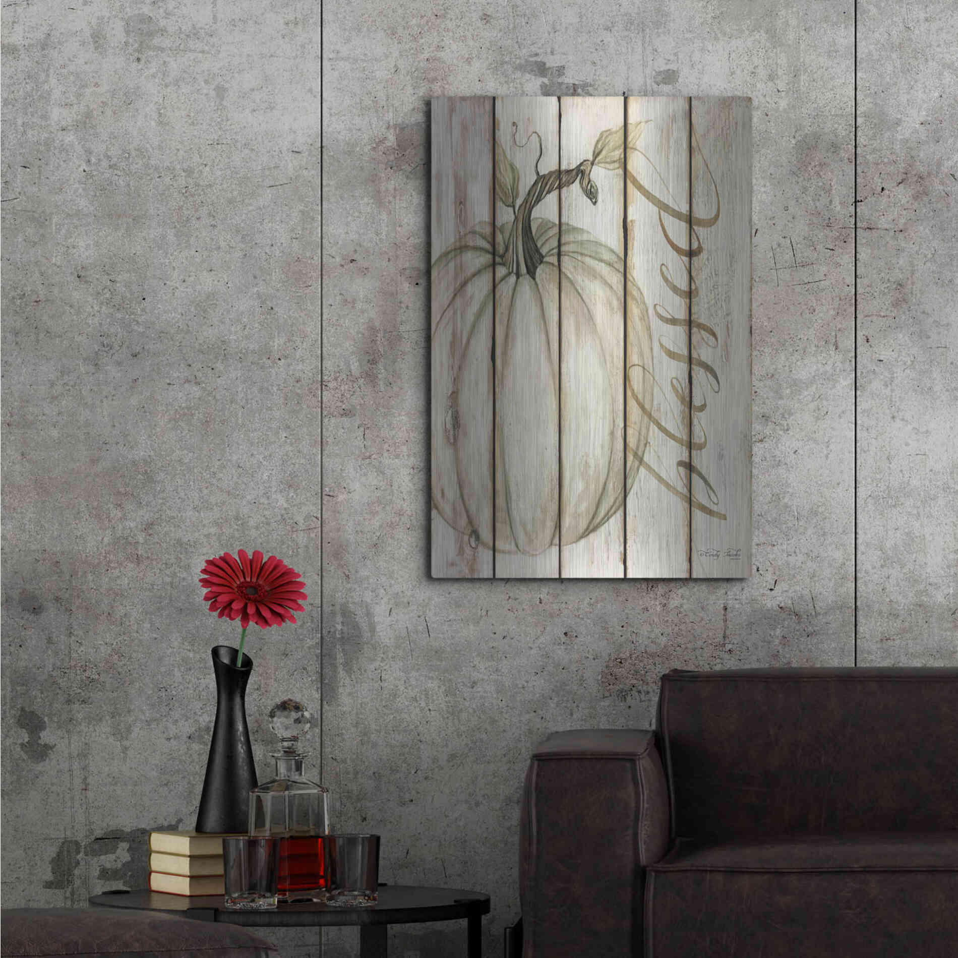 Luxe Metal Art 'Blessed Pumpkin on Shiplap' by Cindy Jacobs, Metal Wall Art,24x36