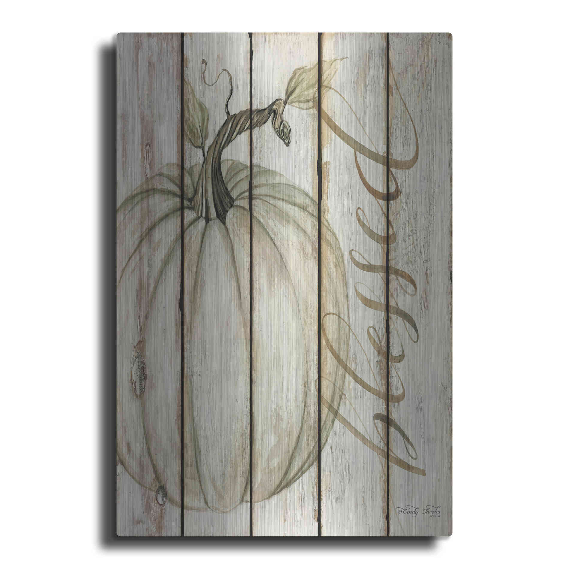 Luxe Metal Art 'Blessed Pumpkin on Shiplap' by Cindy Jacobs, Metal Wall Art